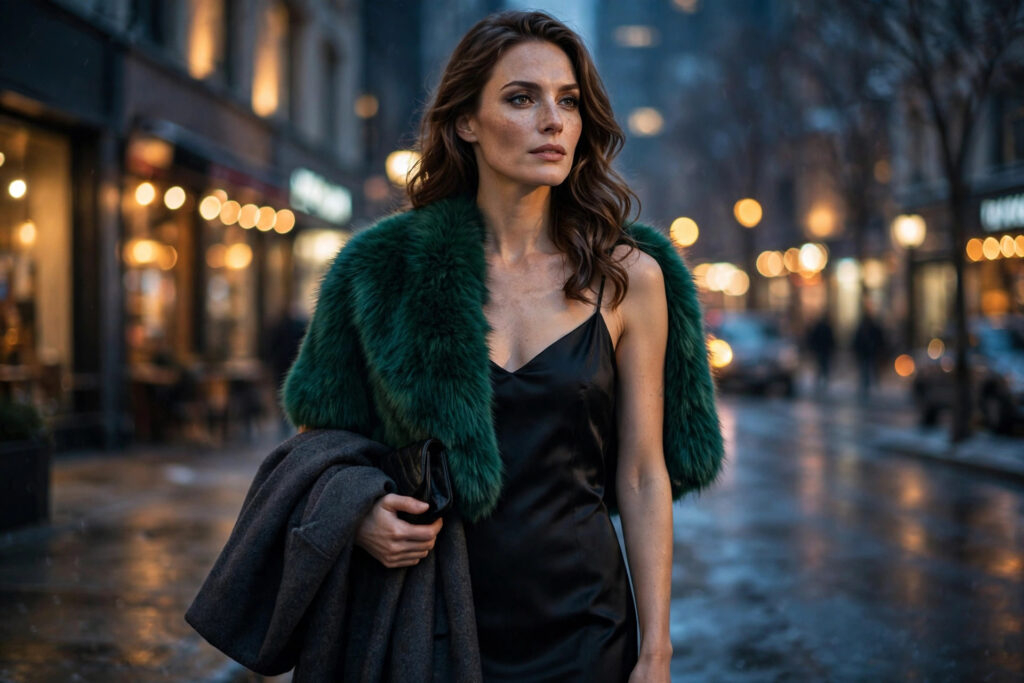 Faux fur stole worn over an evening dress