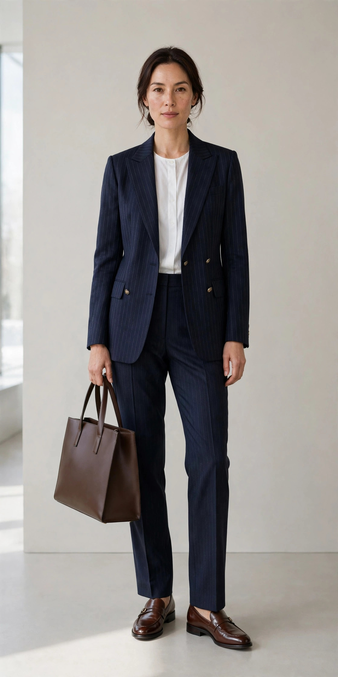 Woman wearing pinstripe blazer with loafers winter work outfit