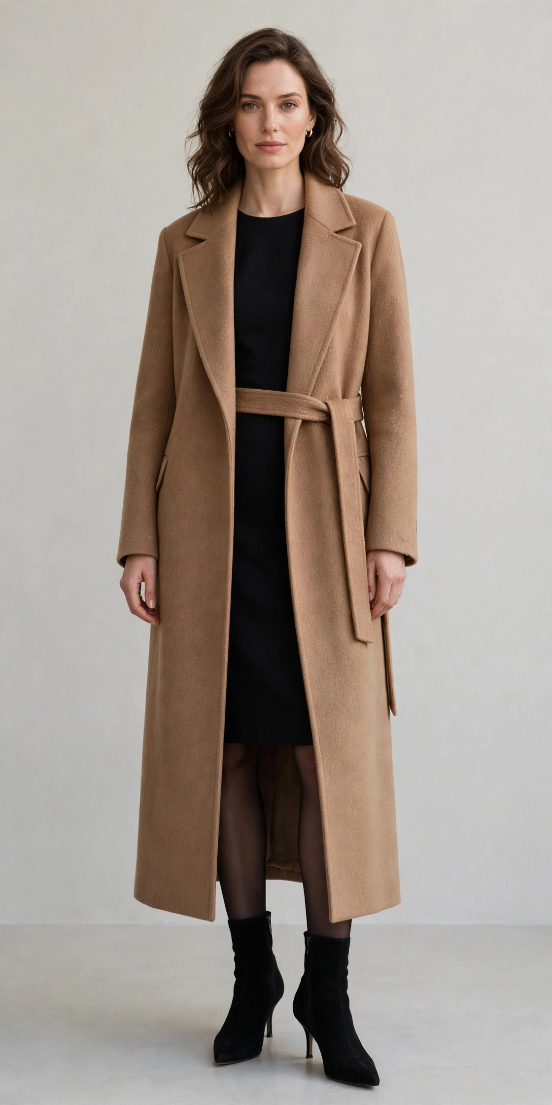 Woman wearing long wool coat over sheath dress winter office outfit