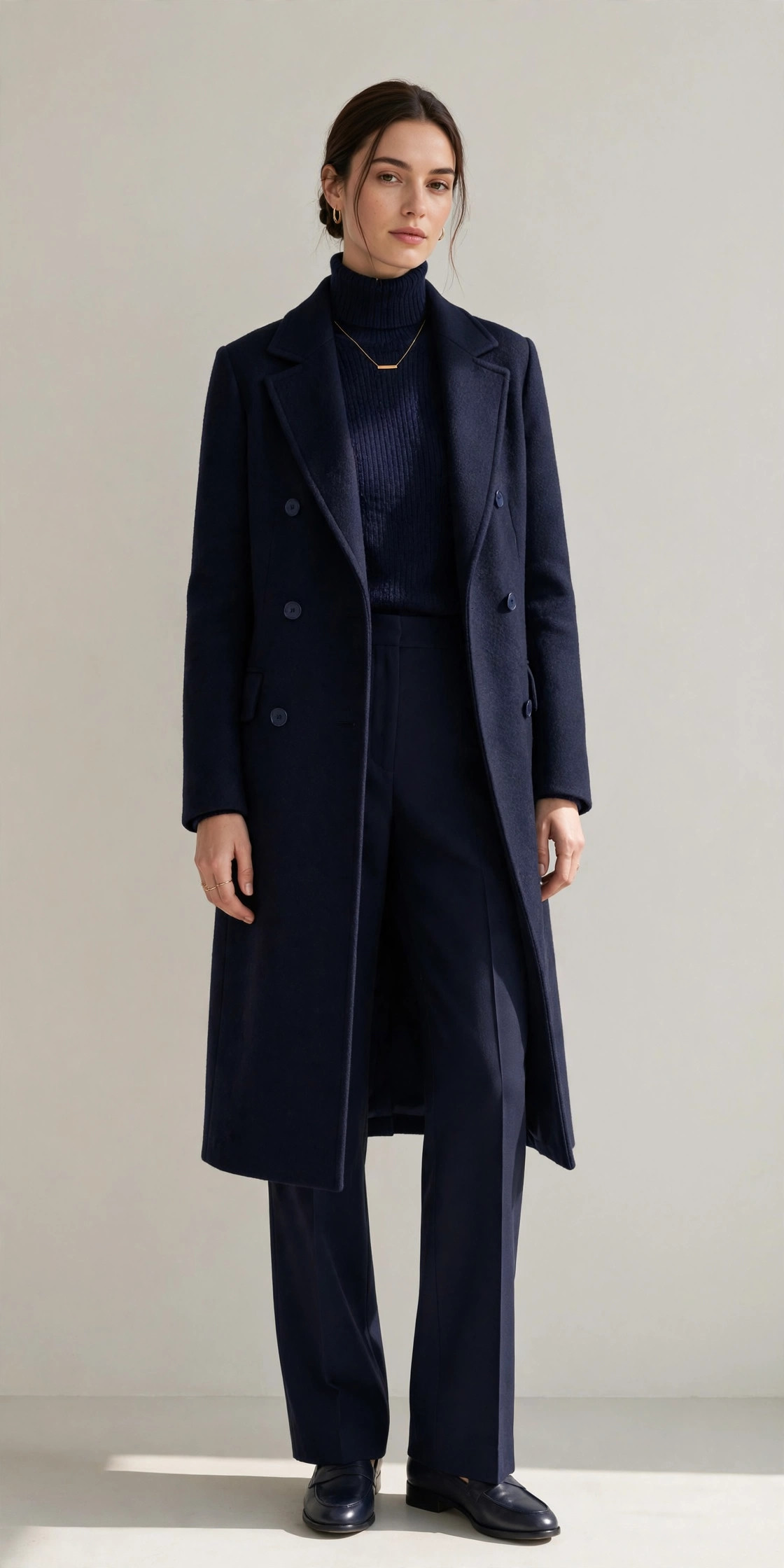 Woman wearing monochrome navy workwear winter office outfit