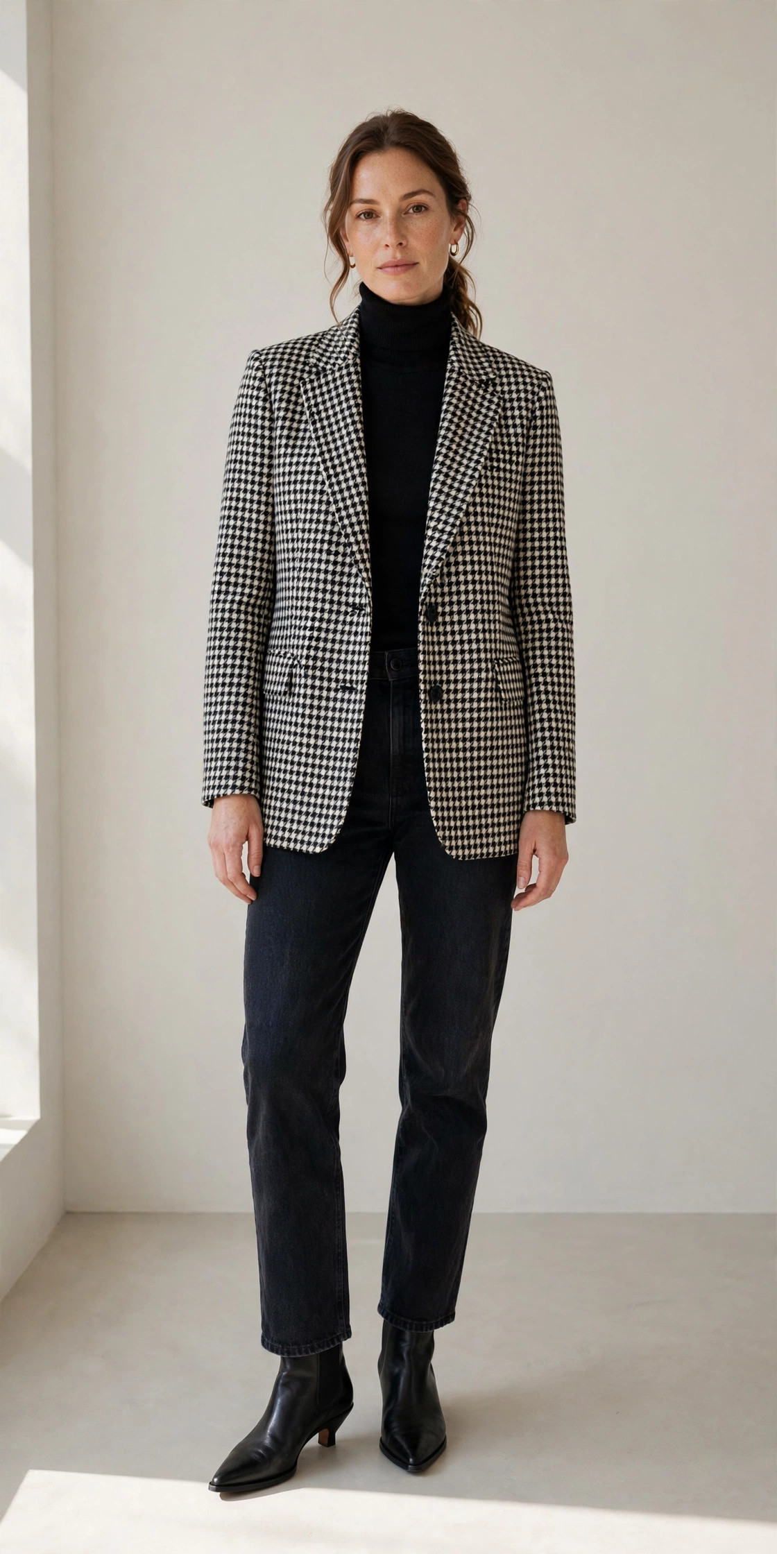 Woman wearing houndstooth blazer with dark jeans smart casual office outfit