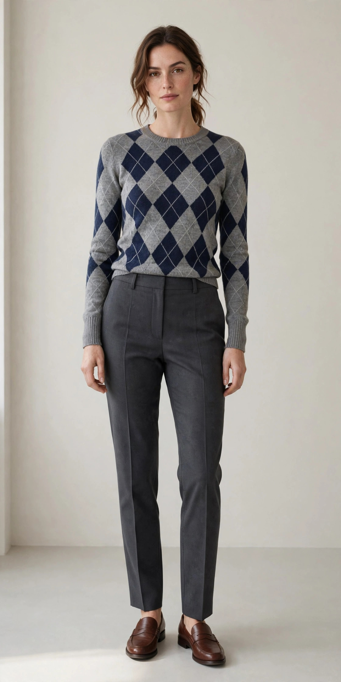 Woman wearing argyle knit sweater with tailored trousers winter office outfit