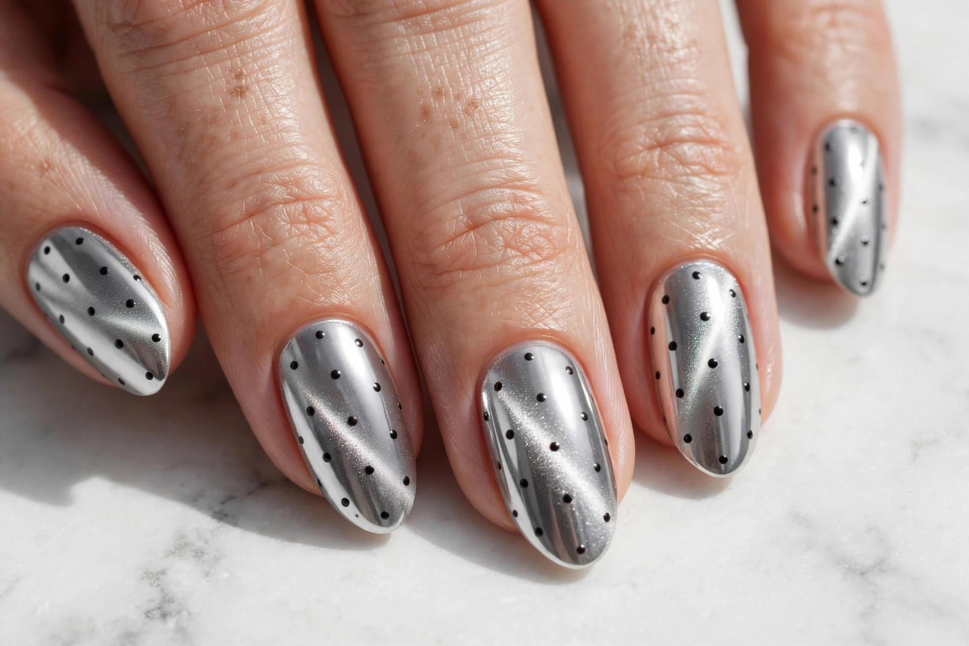 Chrome silver magnetic cat-eye nails with black polka dots on white marble background