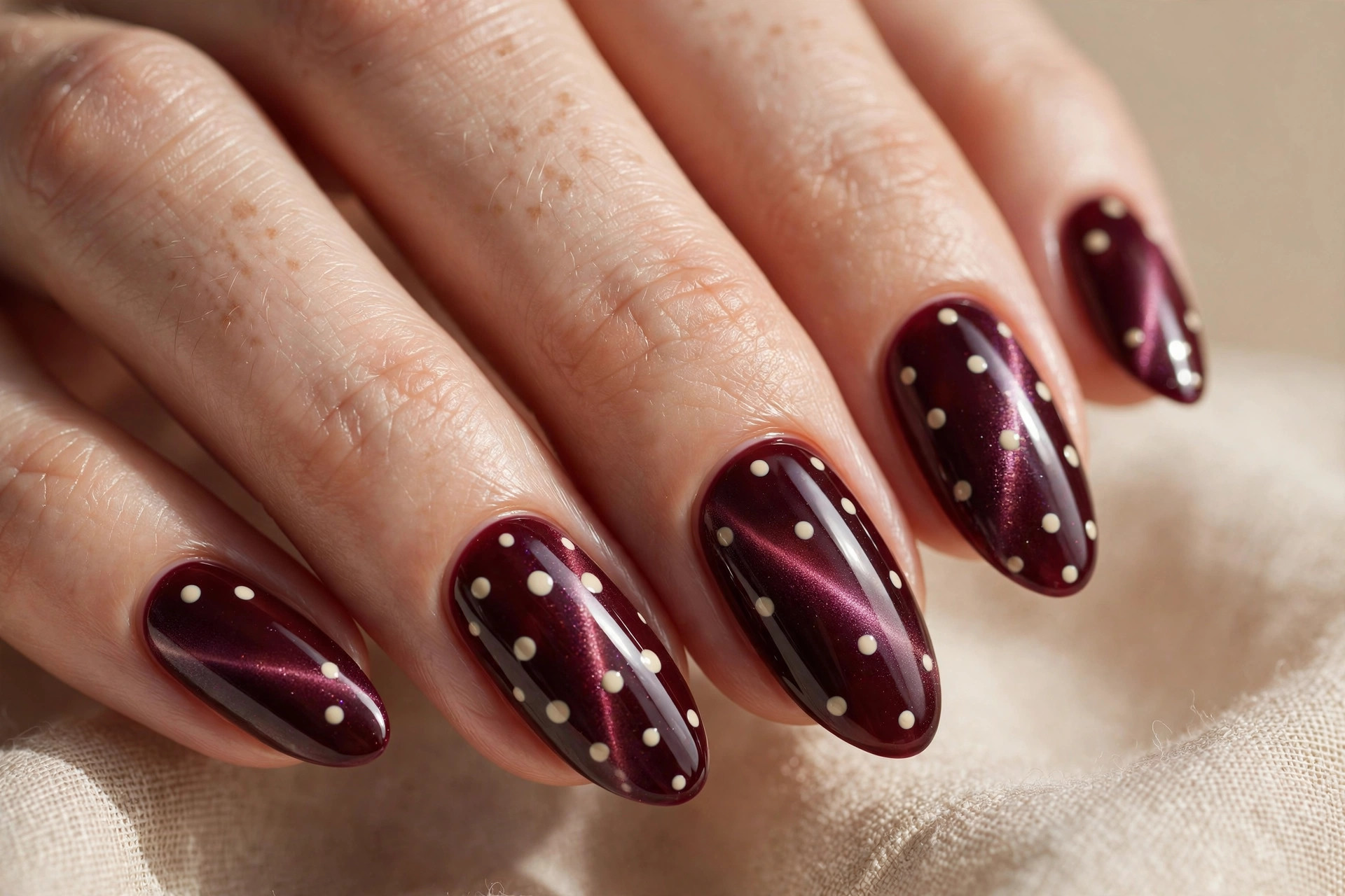 Deep burgundy magnetic cat-eye nails with cream polka dots on neutral beige background
