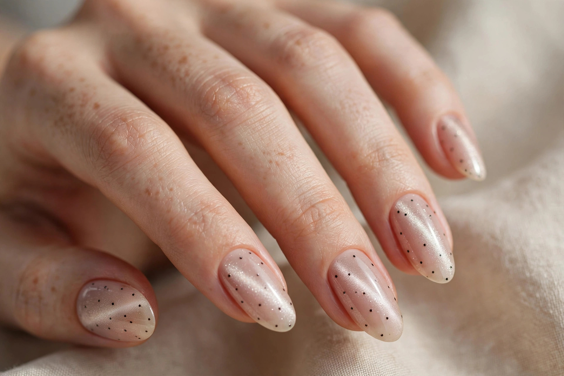 Minimalist nude magnetic cat-eye nails with tiny black micro polka dots in soft daylight