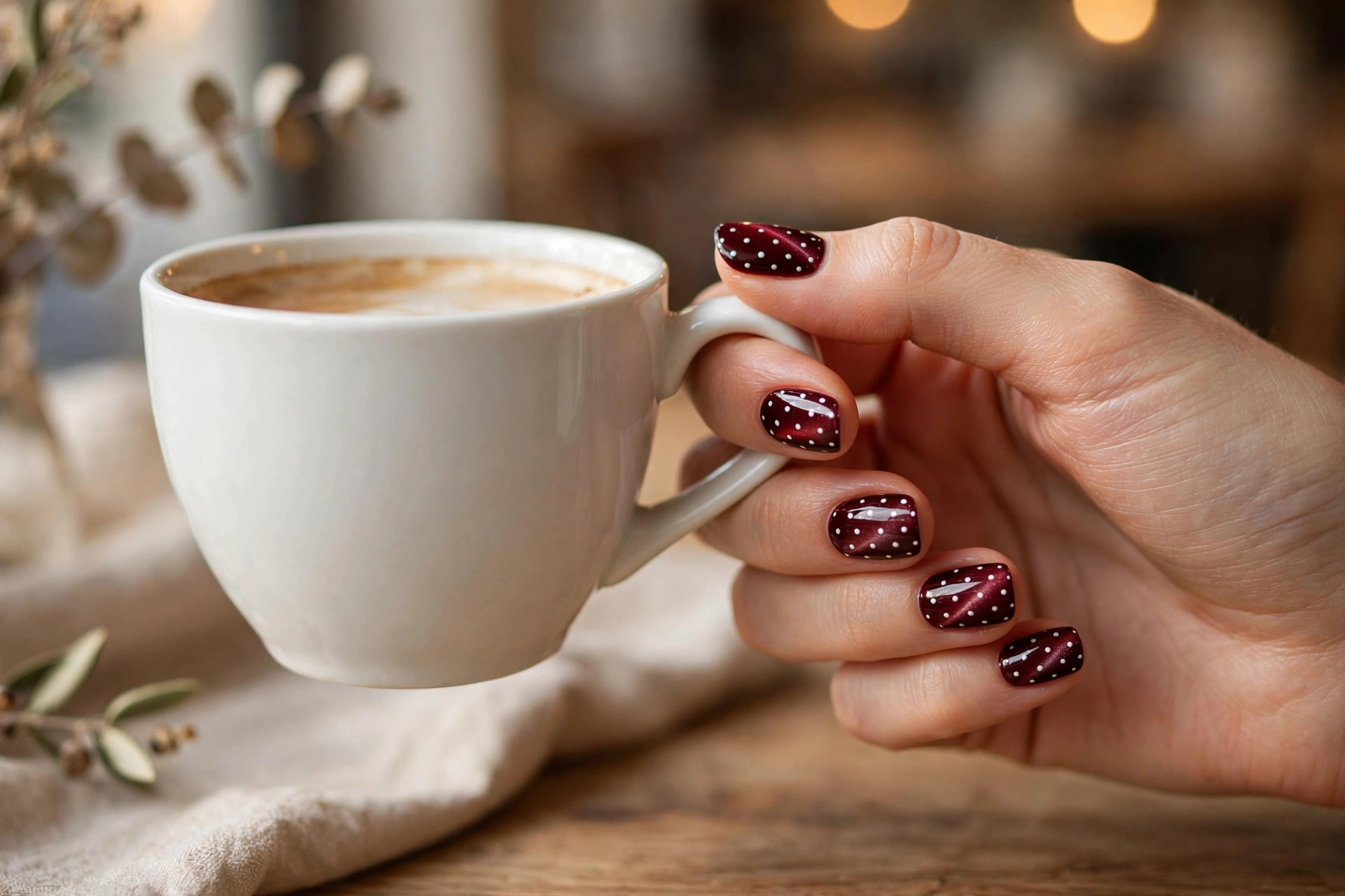 Cherry red magnetic cat-eye nails with white polka dots, hand holding a coffee cup