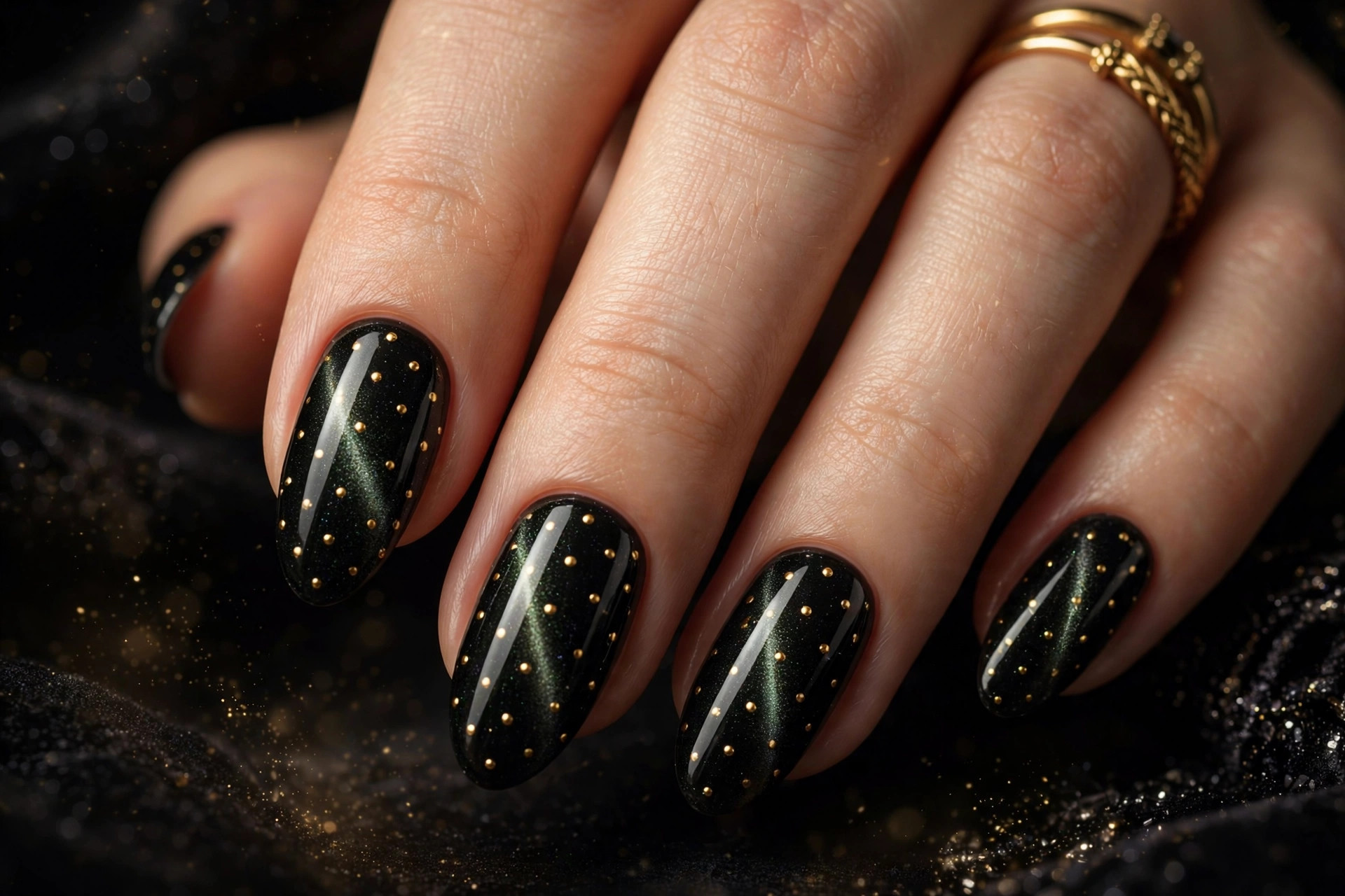 Black magnetic cat-eye nails with gold polka dots and a gold ring, dark elegant background