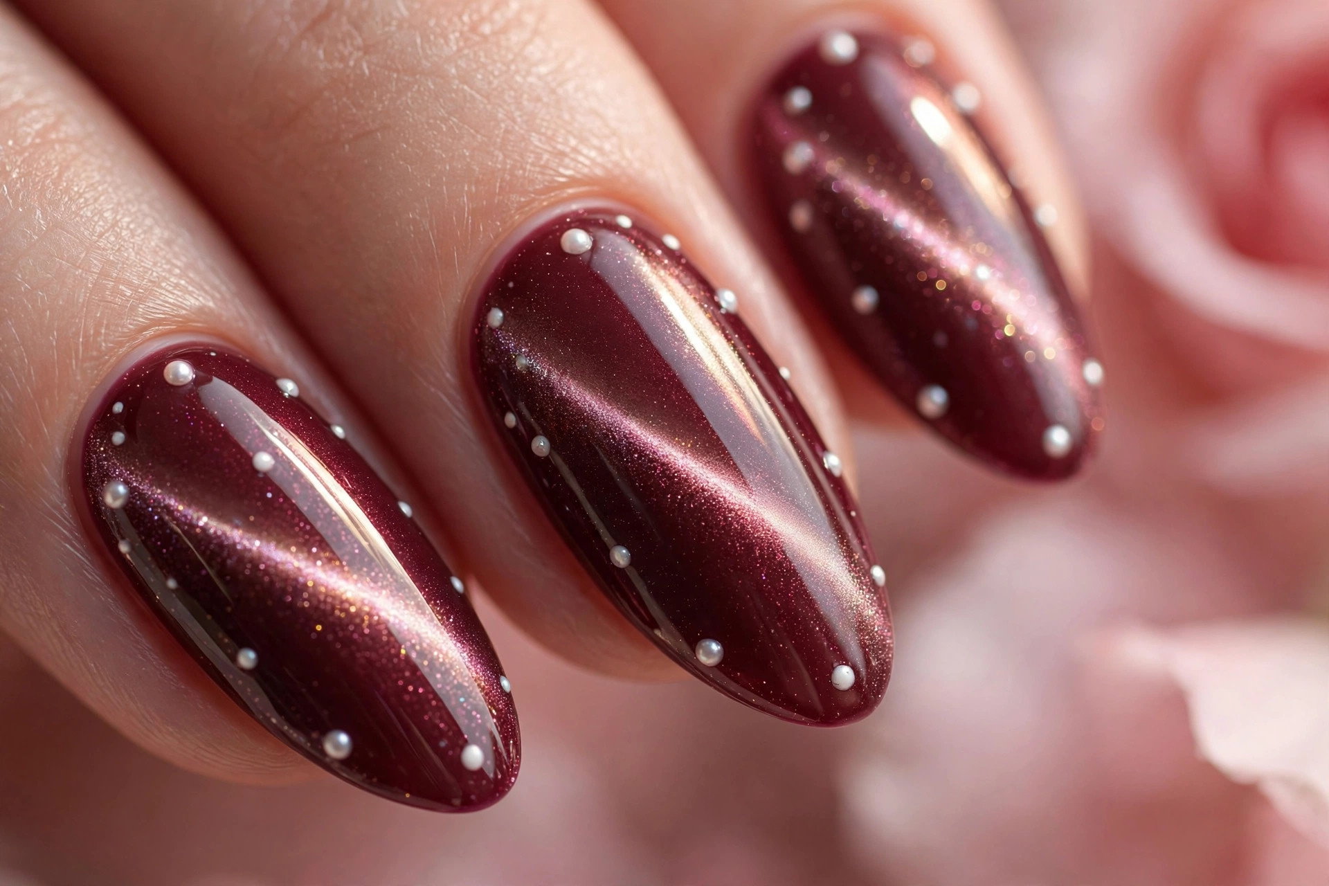 Extreme close-up of burgundy magnetic cat-eye nails with pearl-white polka dots