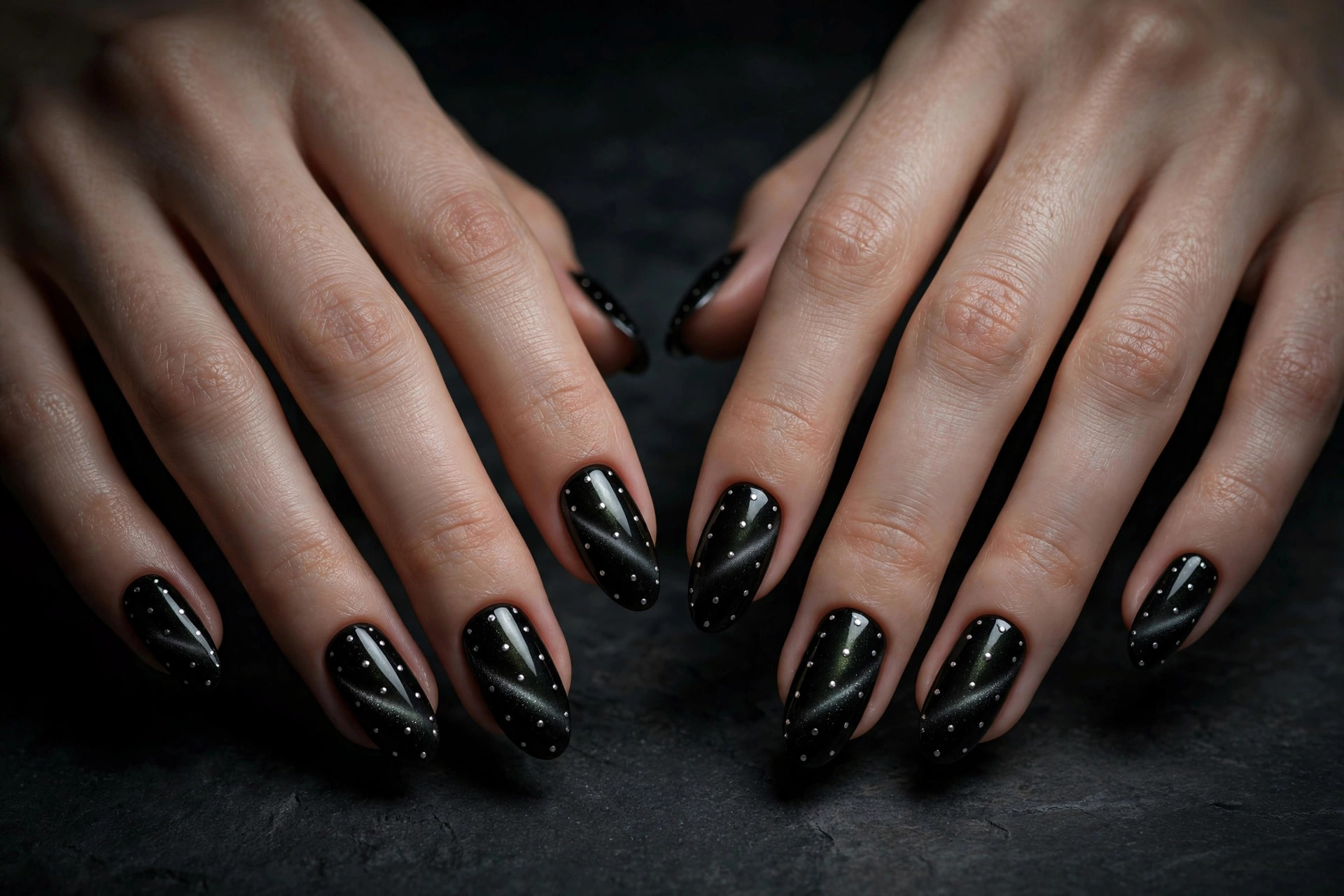 Two hands showing black magnetic cat-eye nails with silver polka dots on dark slate background