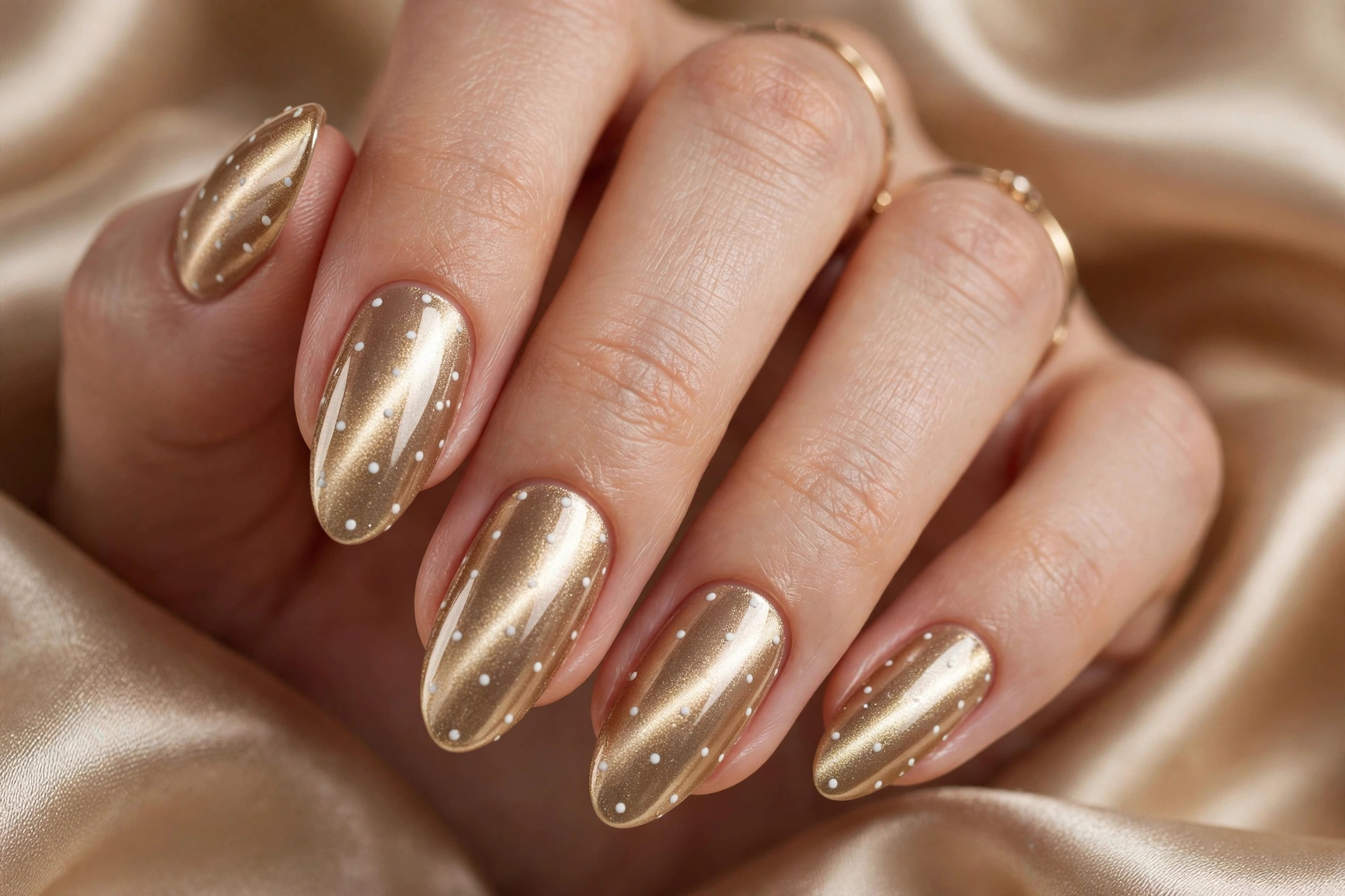 Champagne gold chrome magnetic cat-eye nails with white polka dots on champagne silk fabric