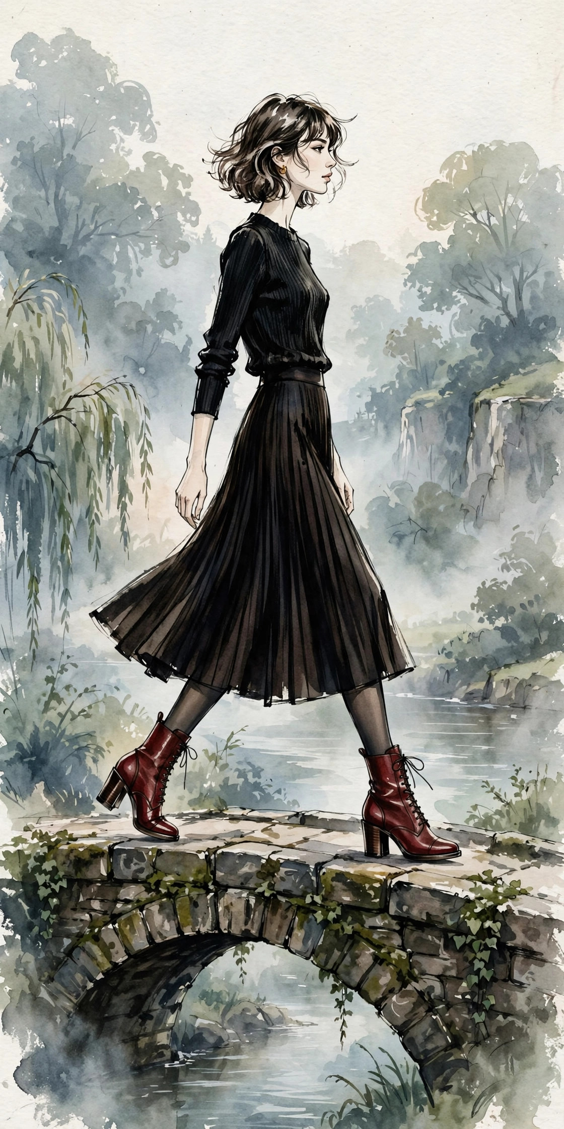 Illustrated fashion figure in oxblood lace-up boots and a pleated midi skirt, crossing an old stone bridge