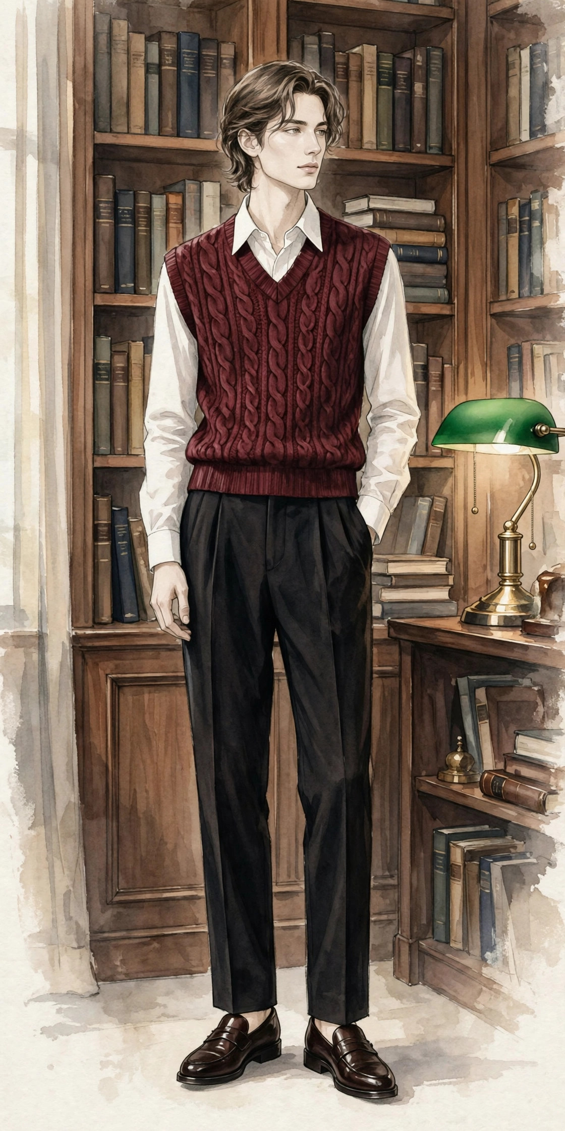 Illustrated fashion figure in a burgundy cable-knit sweater vest over a collared shirt, in a wood-panelled study