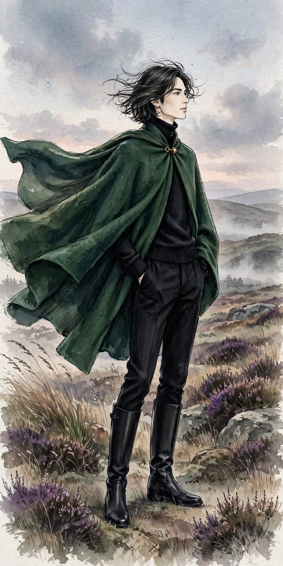 Illustrated fashion figure in a deep green wool cape with a brass clasp, on a windswept moor at twilight
