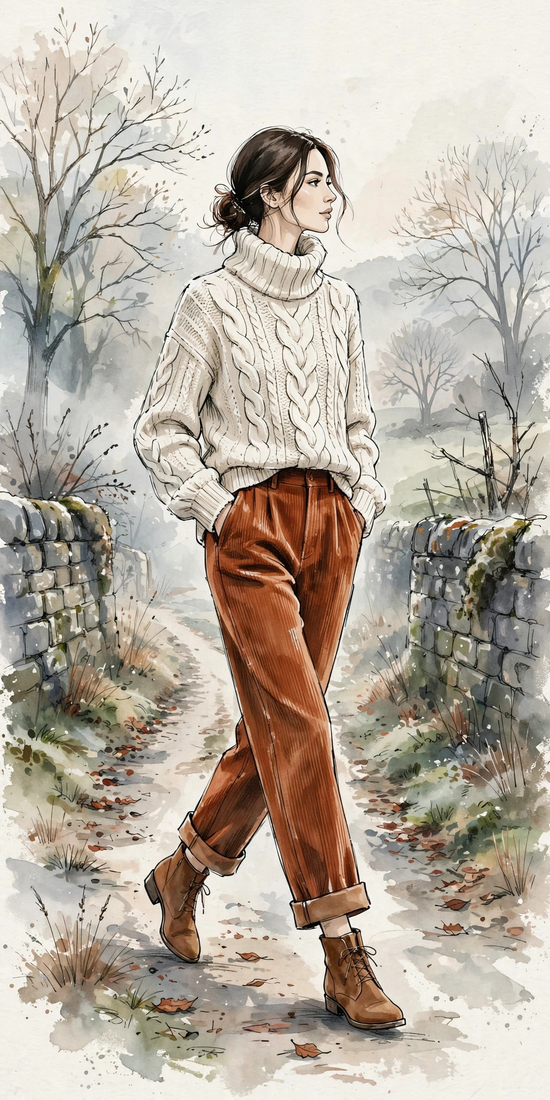 Illustrated fashion figure in a cream chunky cable knit and rust corduroy trousers, on a misty country lane