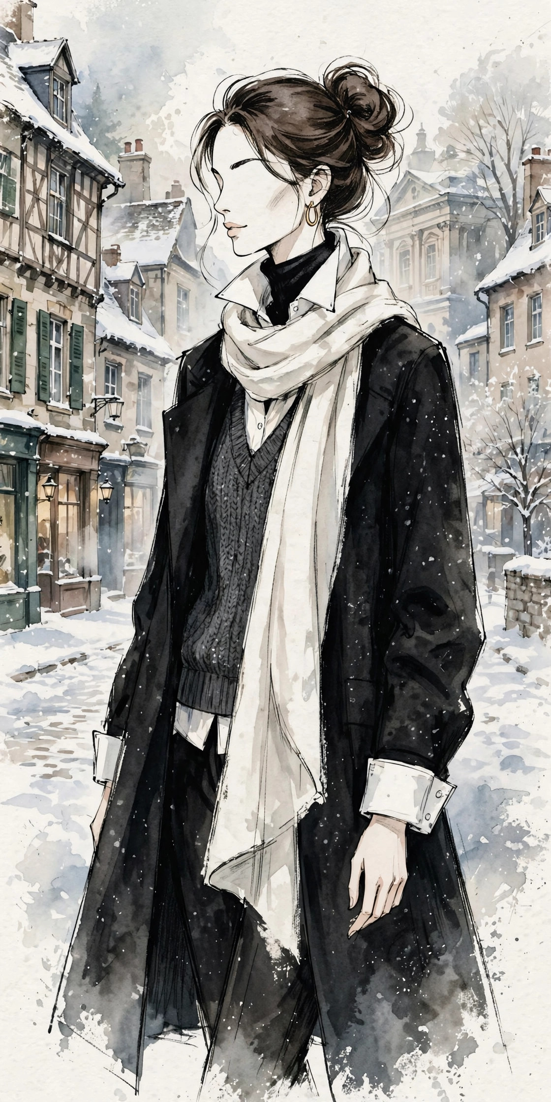 Illustrated fashion figure in layered turtleneck, shirt, sweater vest and long wool coat, in a snow-covered old town
