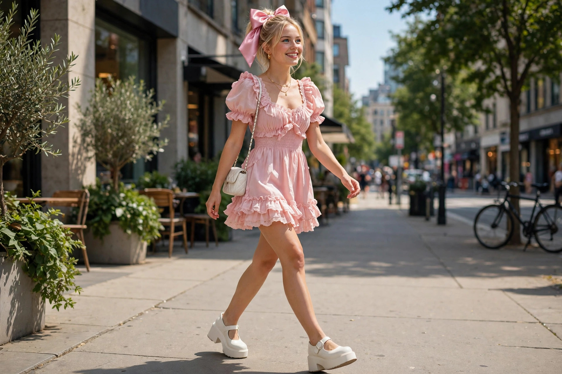 Young blonde woman in a pink babydoll mini dress with a hair bow and white platform Mary Janes — Sabrina Carpenter street style