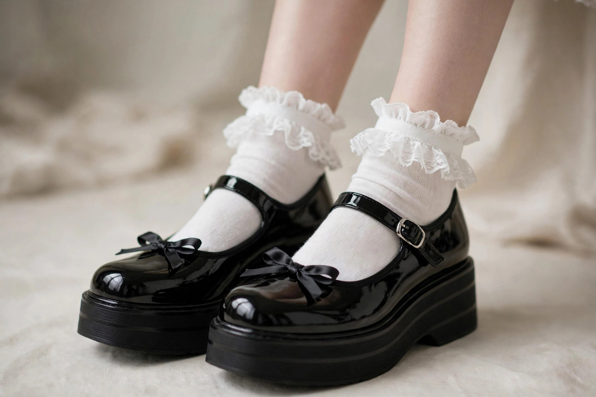 Close-up of black patent platform Mary Jane shoes with white frilly socks and satin bow — Sabrina Carpenter shoe style