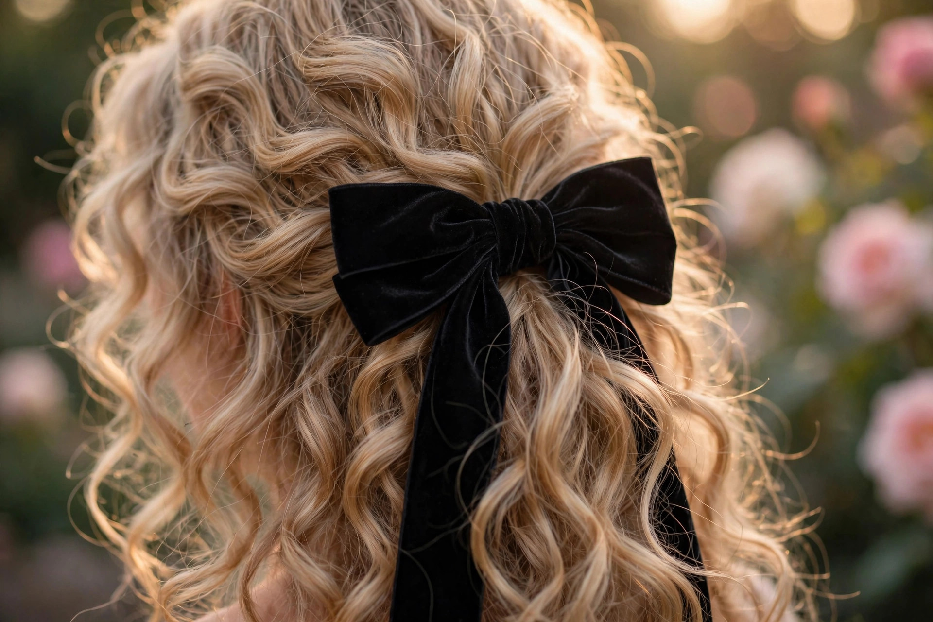 Close-up of blonde curly hair tied with a large black velvet bow — Sabrina Carpenter bow hairstyle detail