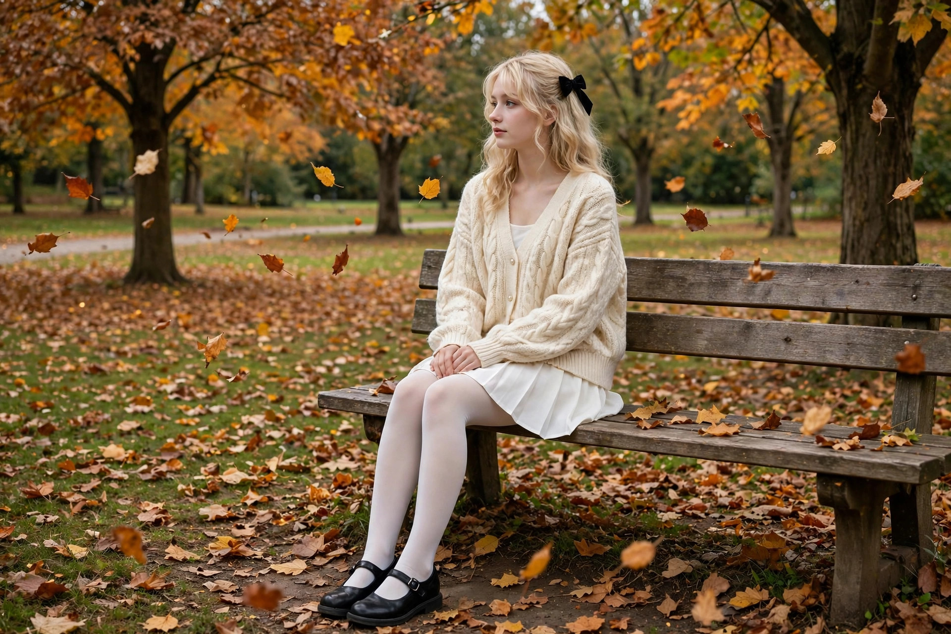 Young blonde woman in a cream cardigan and white pleated mini skirt sitting on a park bench — Sabrina Carpenter coquette outfit