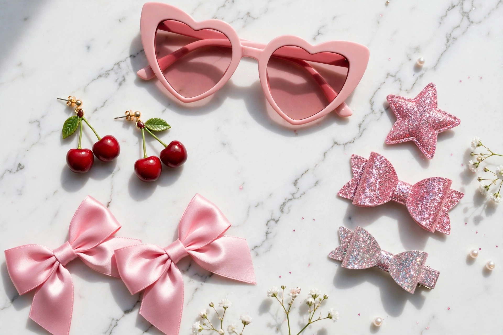 Flat-lay of heart-shaped sunglasses, cherry earrings, pink hair bows and glitter clips — Sabrina Carpenter heart accessories