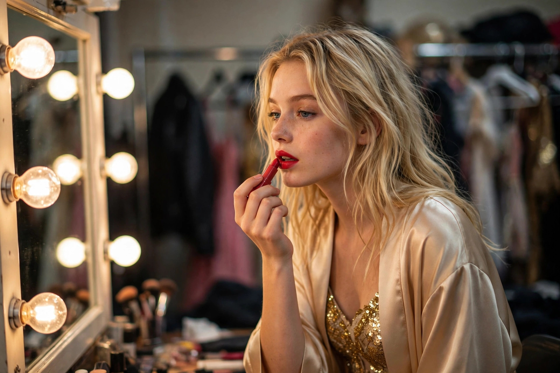 Blonde singer in a gold sequin outfit at a backstage vanity mirror with round bulbs — Sabrina Carpenter backstage glam