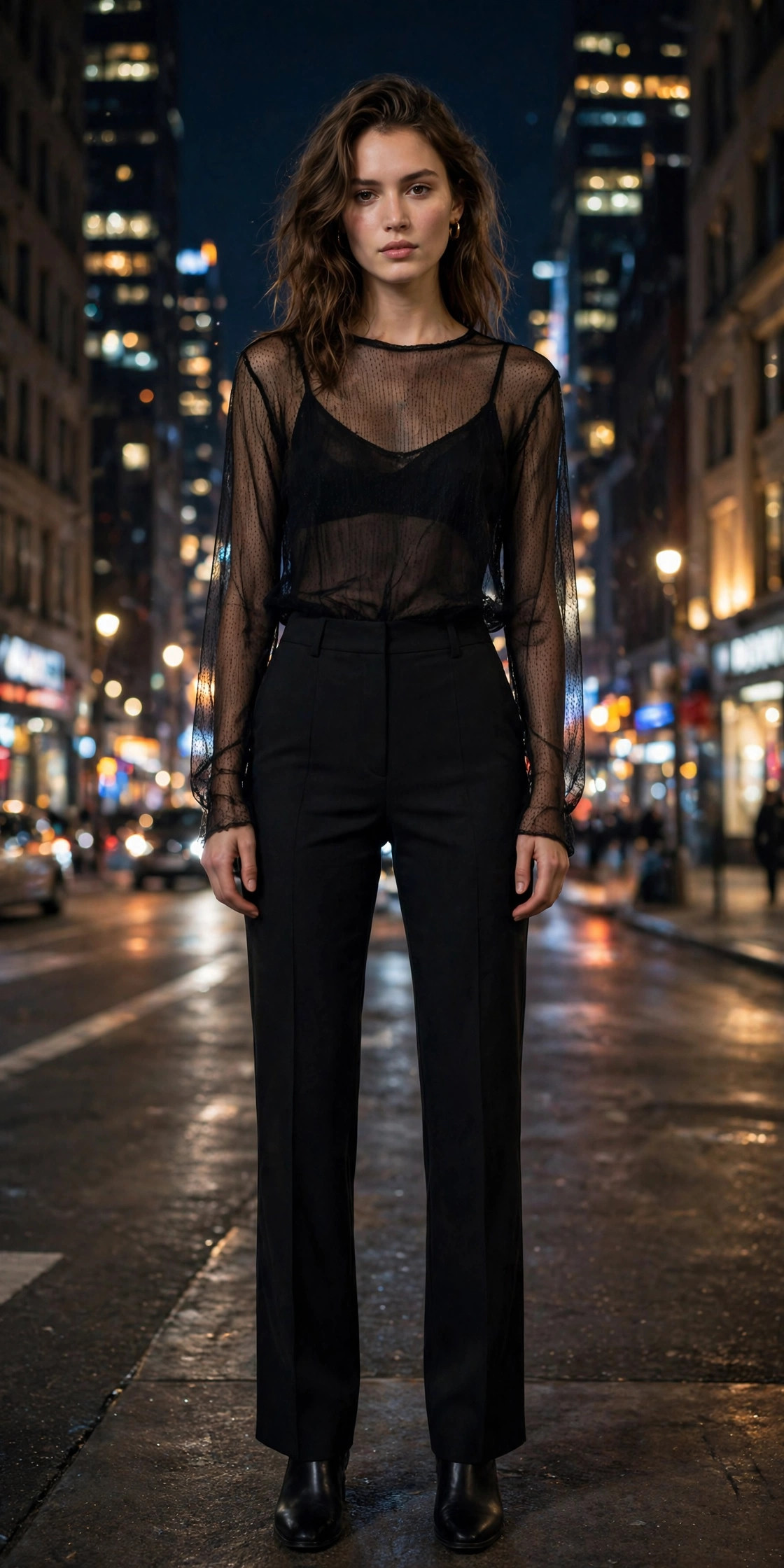 Model wearing a sheer black top over a camisole with high-waisted black trousers at night