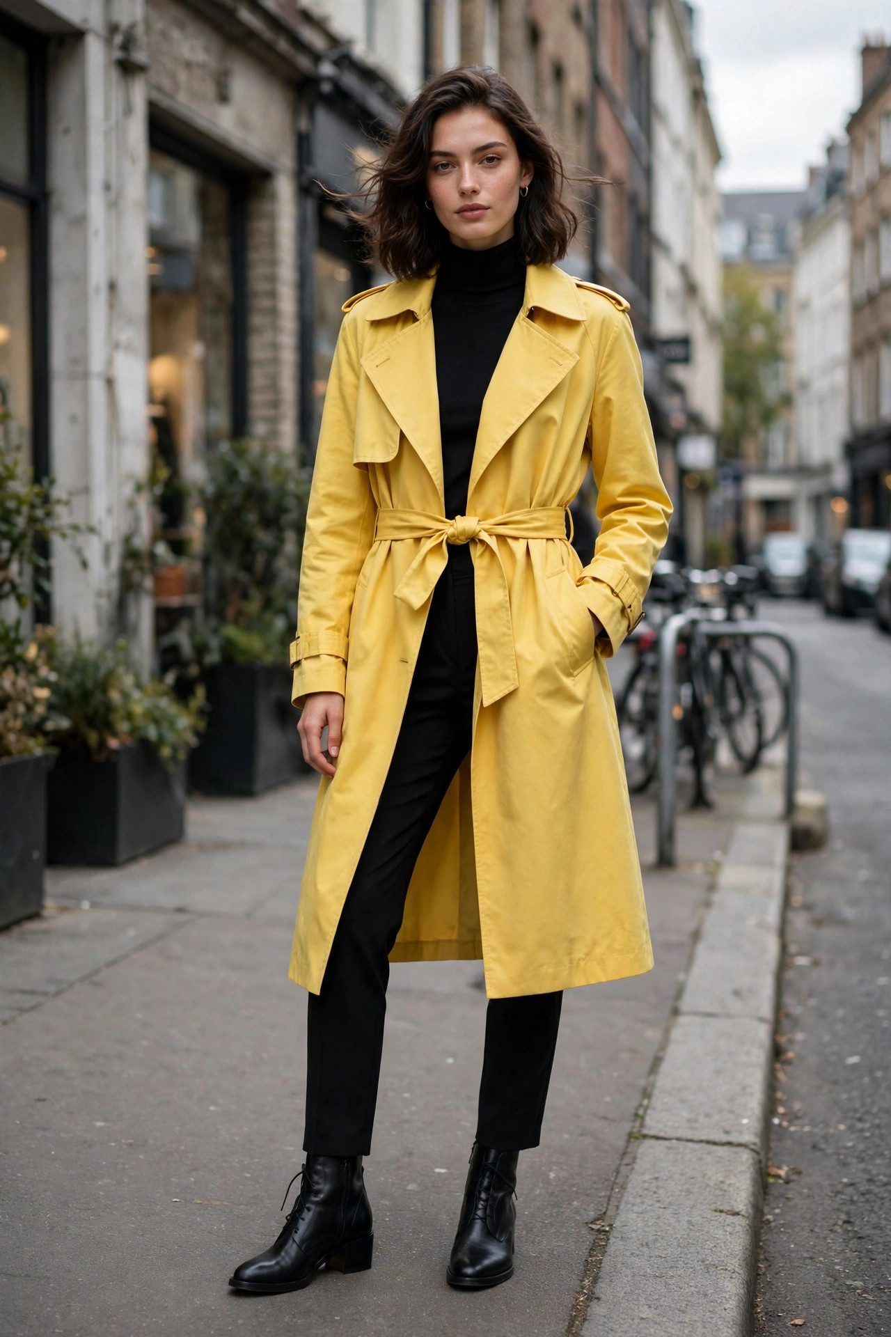 Model wearing a bright yellow trench coat over an all-black outfit