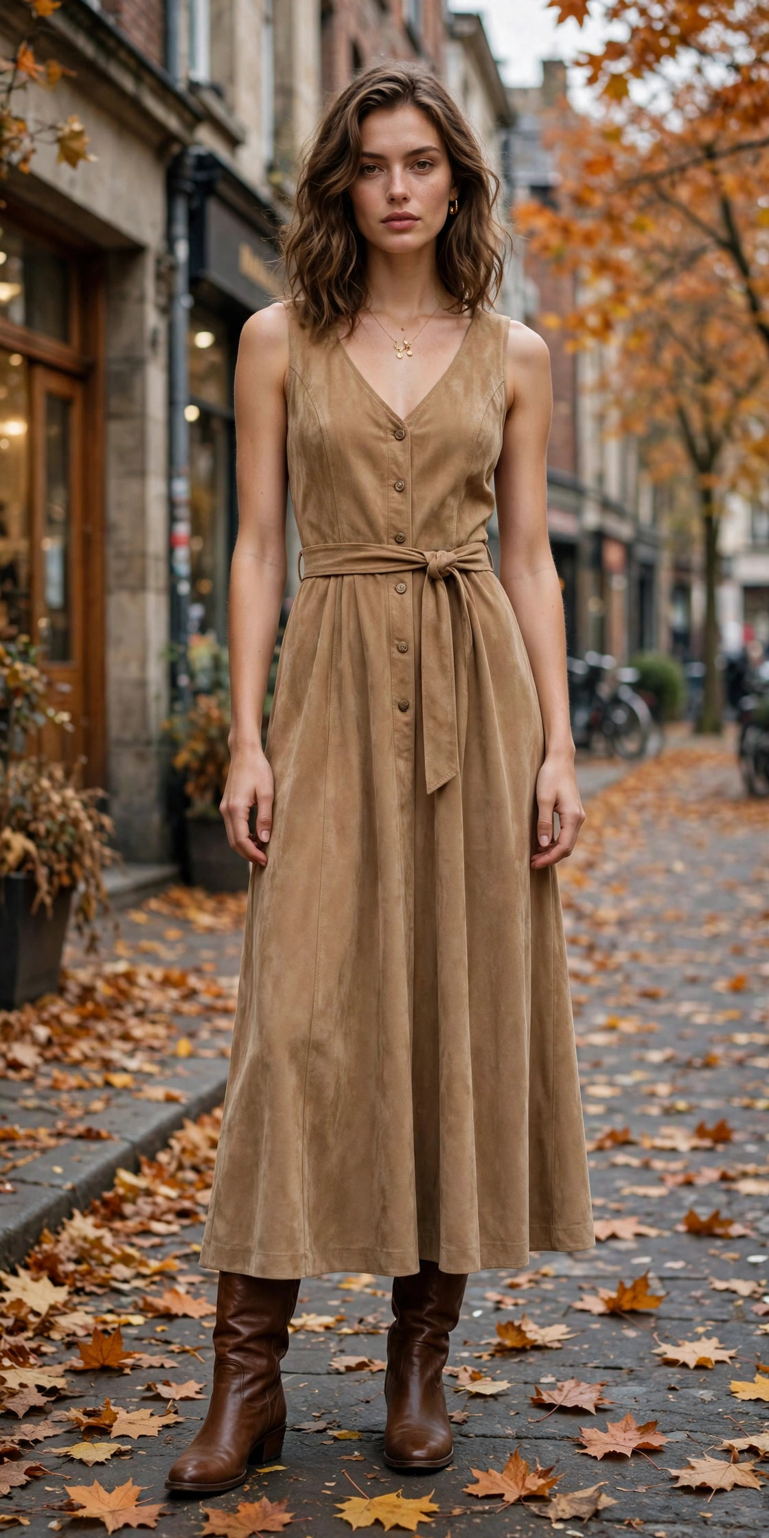 Model wearing a tan suede maxi dress with knee-high brown boots