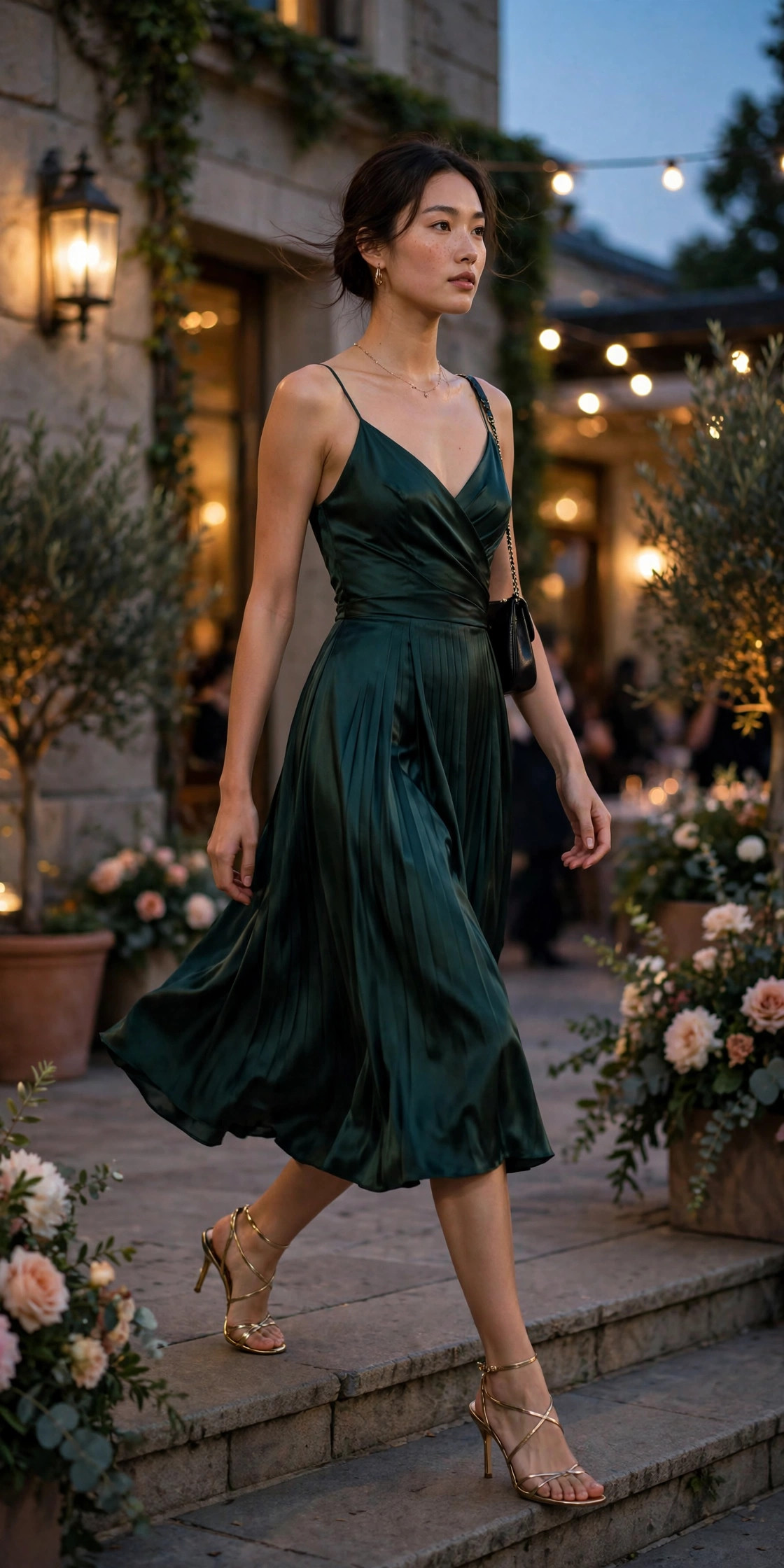 Model wearing an elegant midi dress with strappy heels at an evening event