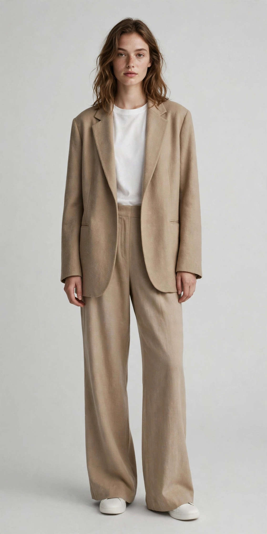 Model wearing an oversized beige blazer with matching wide-leg trousers