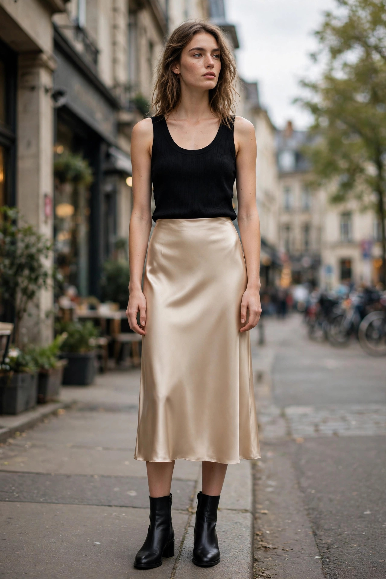 Model wearing a satin slip skirt with black ankle boots