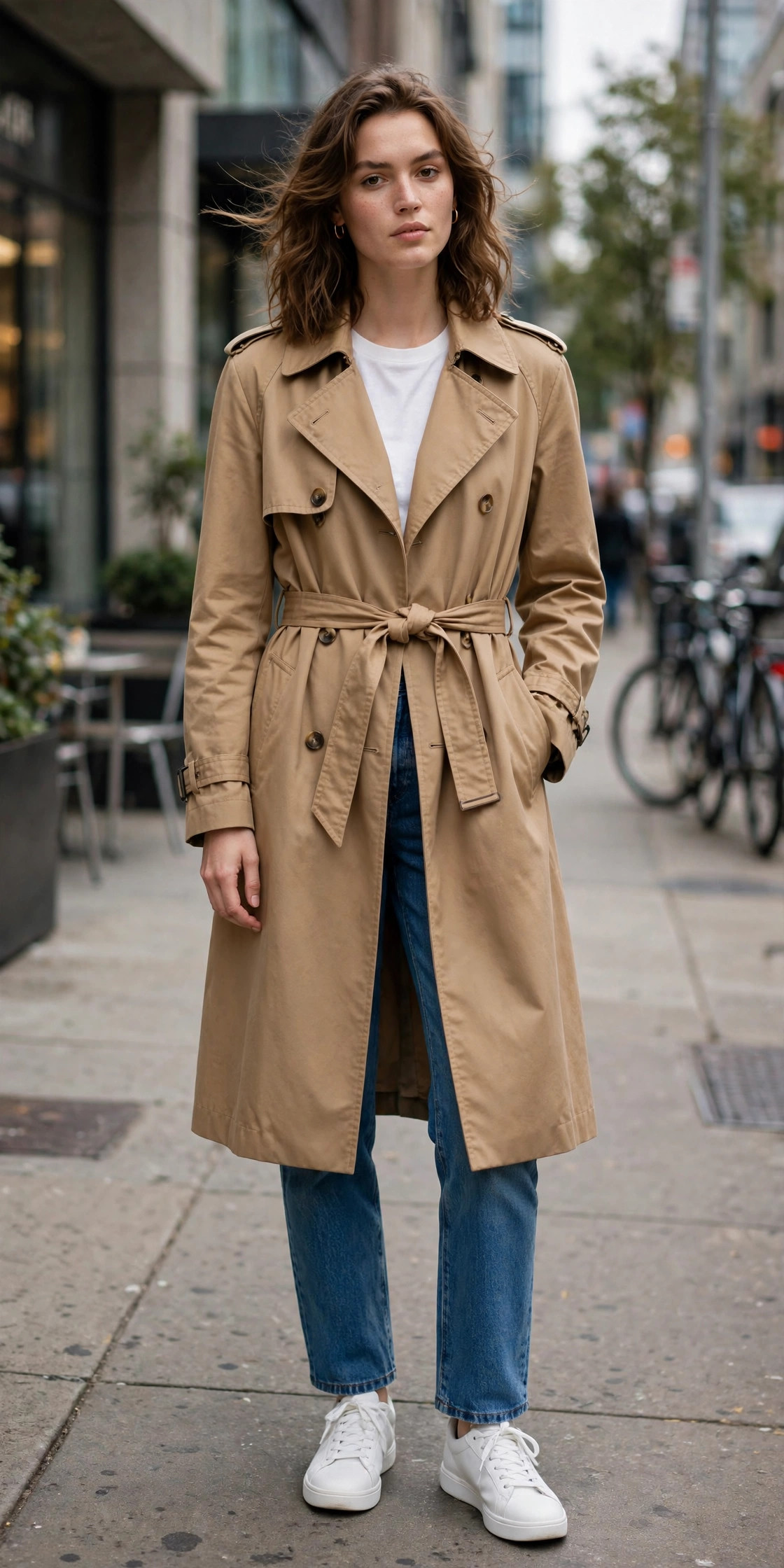 Model wearing a camel trench coat with jeans and white sneakers