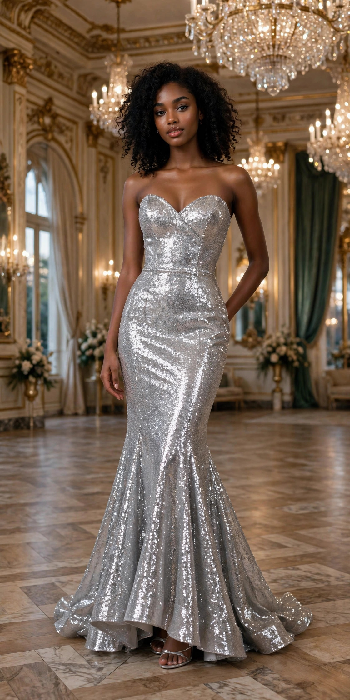 Young woman in a fitted silver sequin mermaid prom gown with sweetheart neckline in a grand ballroom