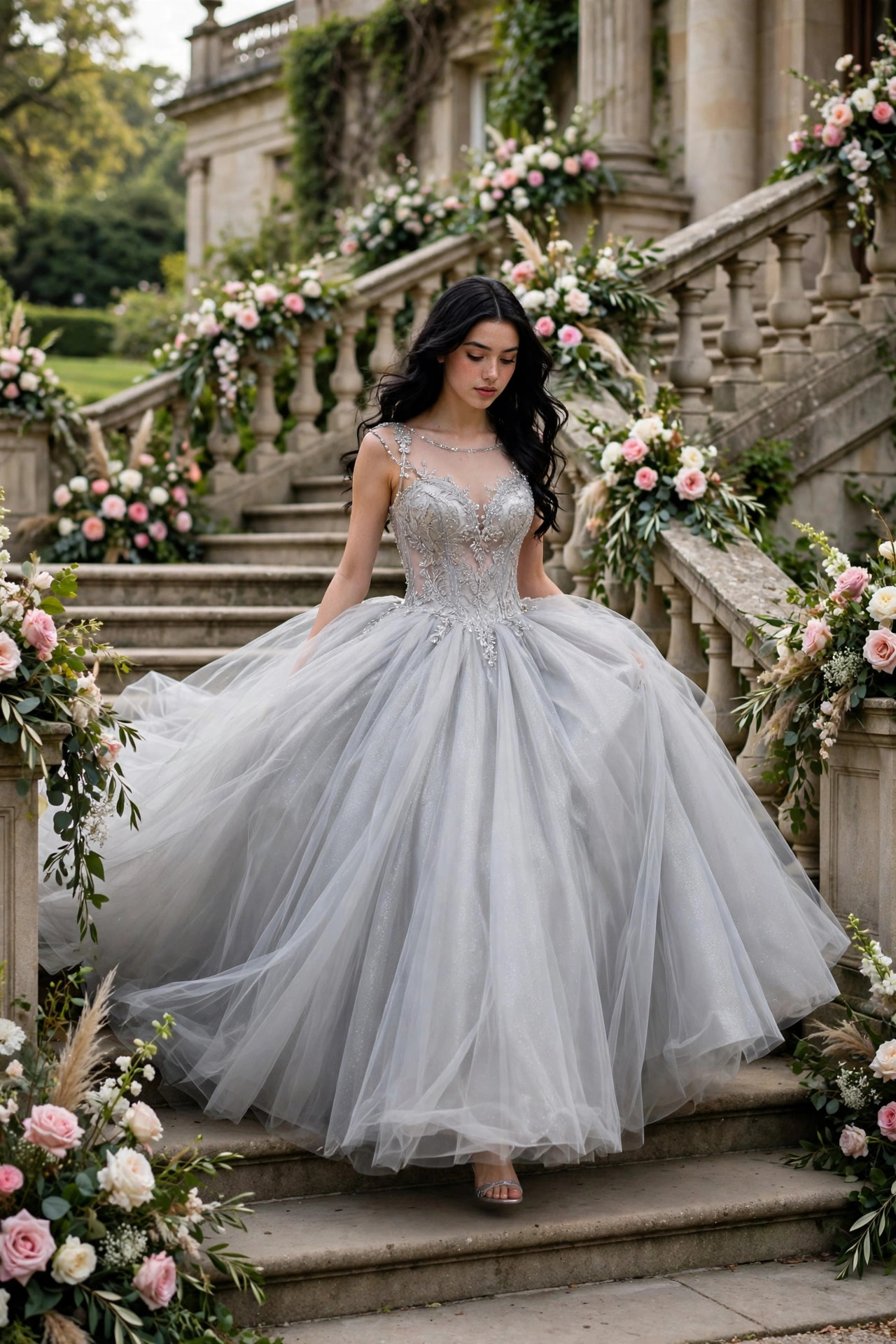 Young woman in a voluminous silver tulle ballgown prom dress descending a flower-decorated grand staircase