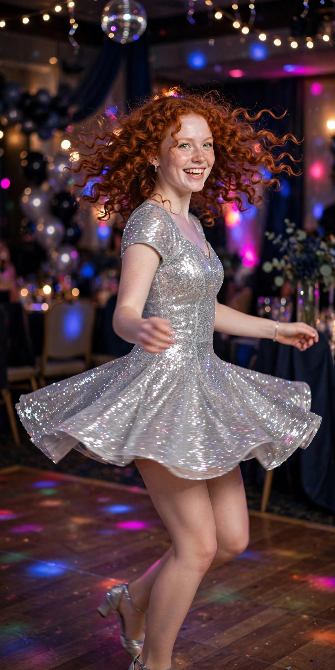 Young woman twirling in a silver sequin mini skater prom dress on a dance floor with disco lights