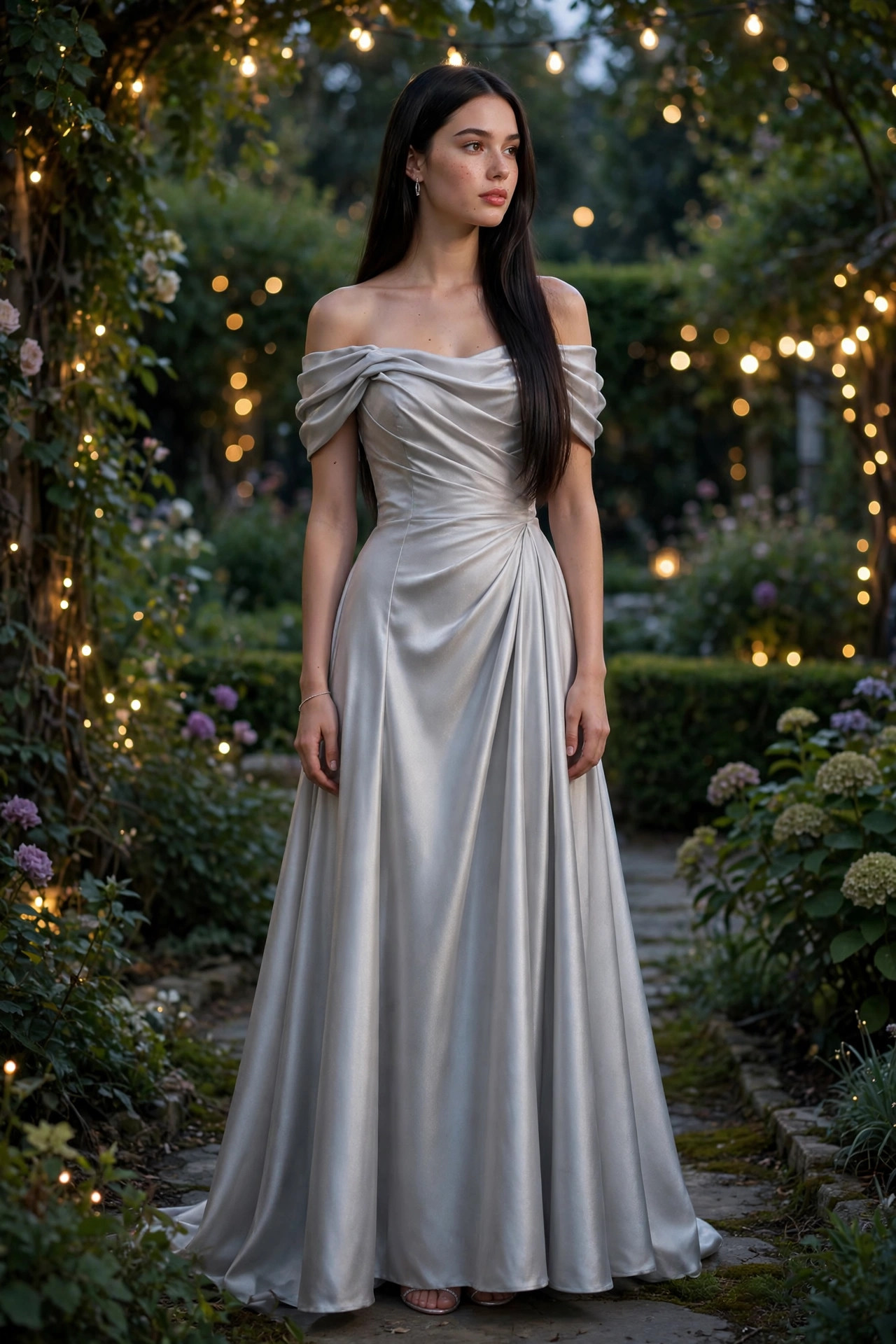 Young woman in an off-the-shoulder silver A-line prom dress standing in an evening garden with fairy lights