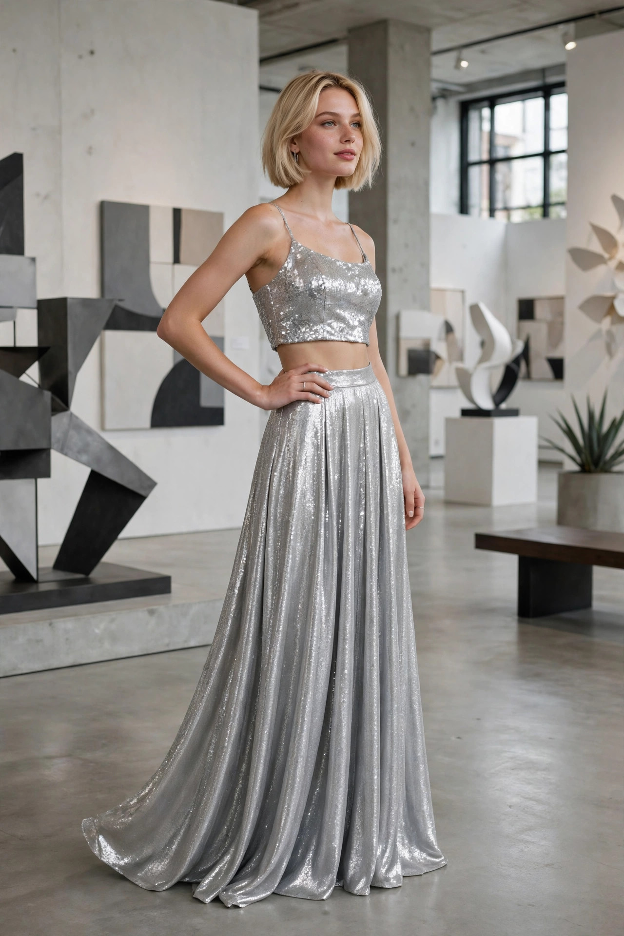 Young woman in a modern silver two-piece prom set with sequin crop top and flowing maxi skirt in an art gallery