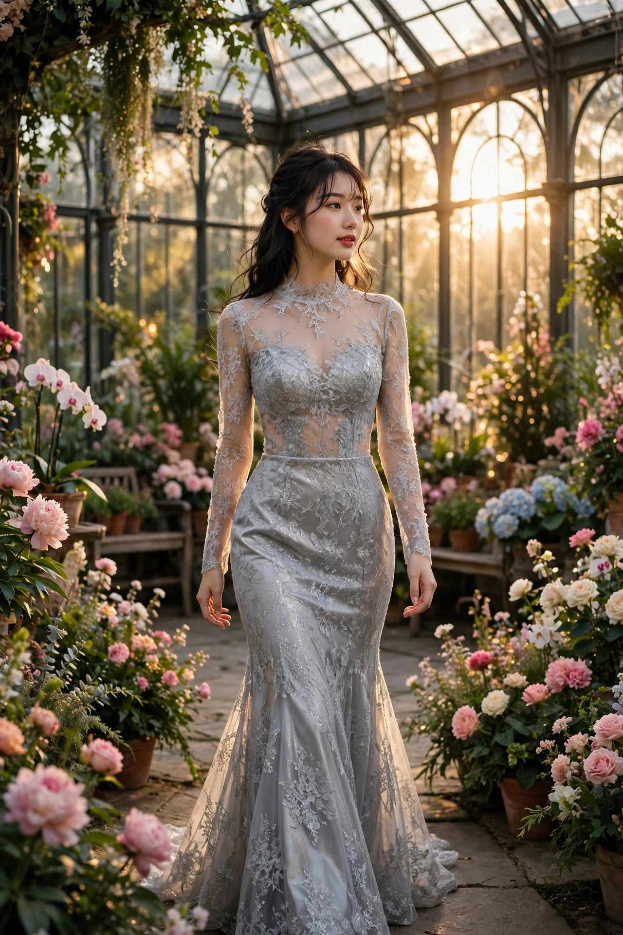 Young woman in a silver lace-overlay prom dress with illusion neckline walking through a flower conservatory
