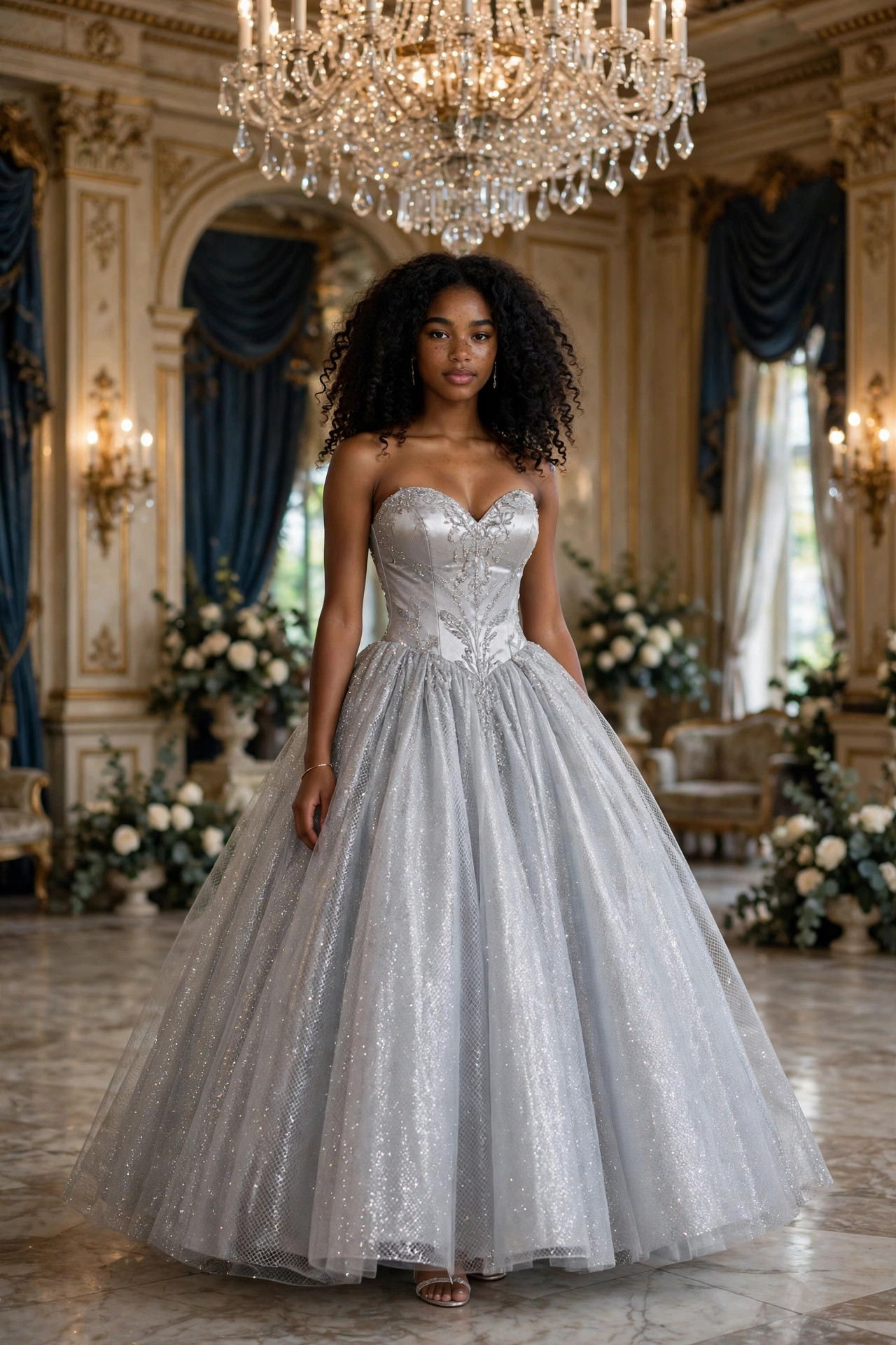 Young woman in a strapless silver sweetheart-neckline prom gown with full skirt under a sparkling chandelier