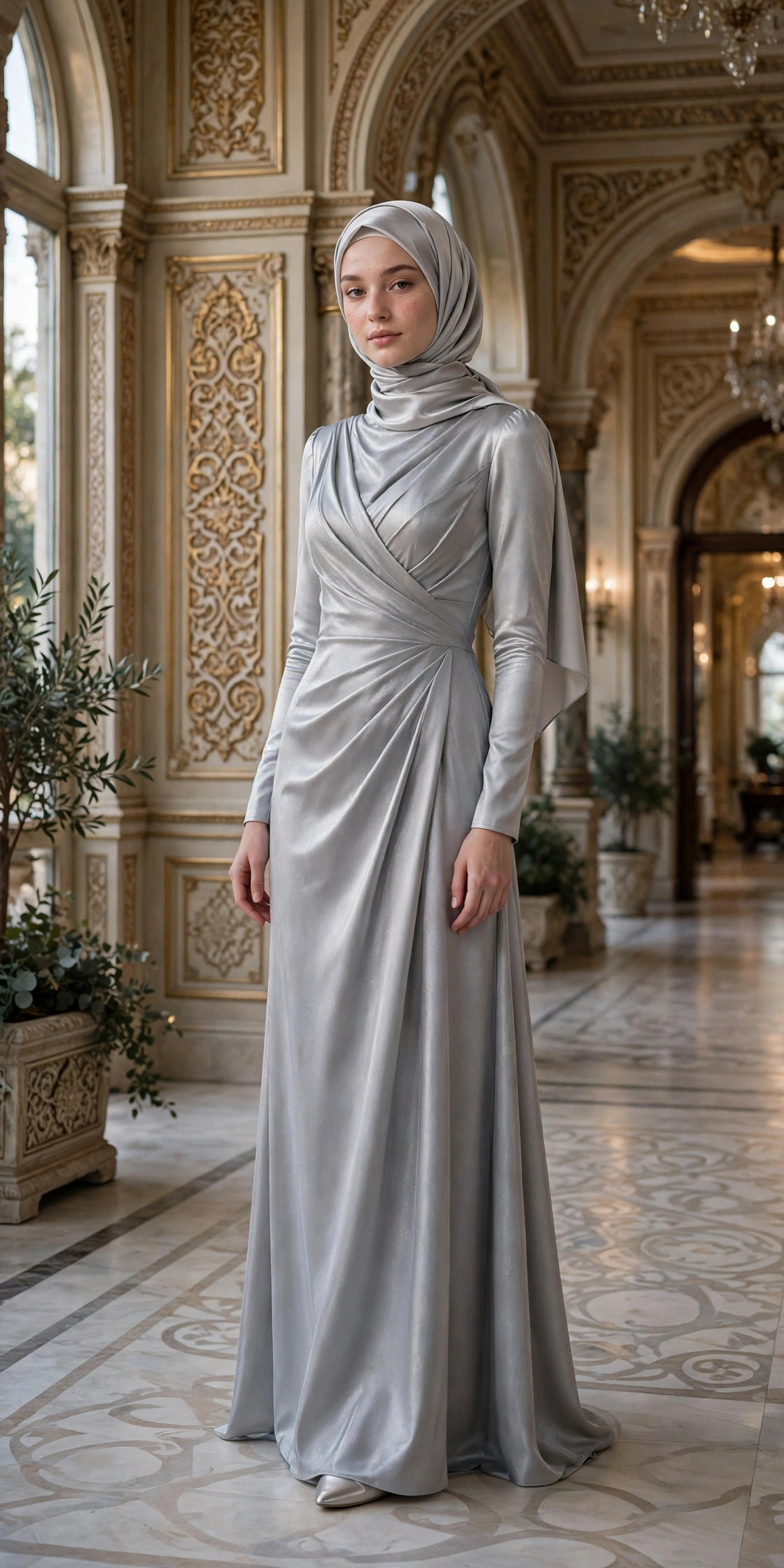 Young woman in a modest silver long-sleeve prom gown with high neckline and elegant draping in a palace hallway