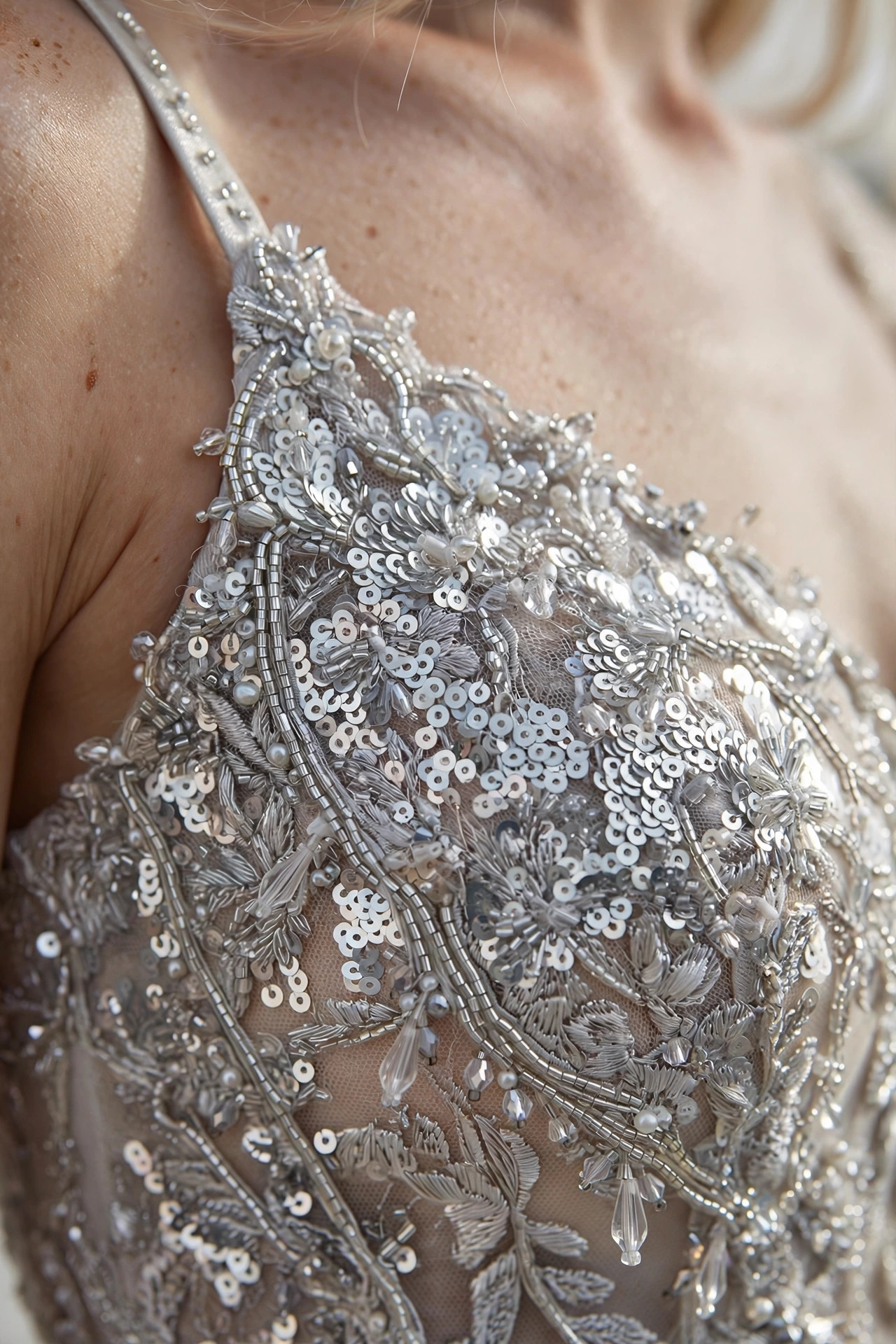 Close-up detail of silver sequin and beadwork bodice texture on a prom dress, macro fashion photography