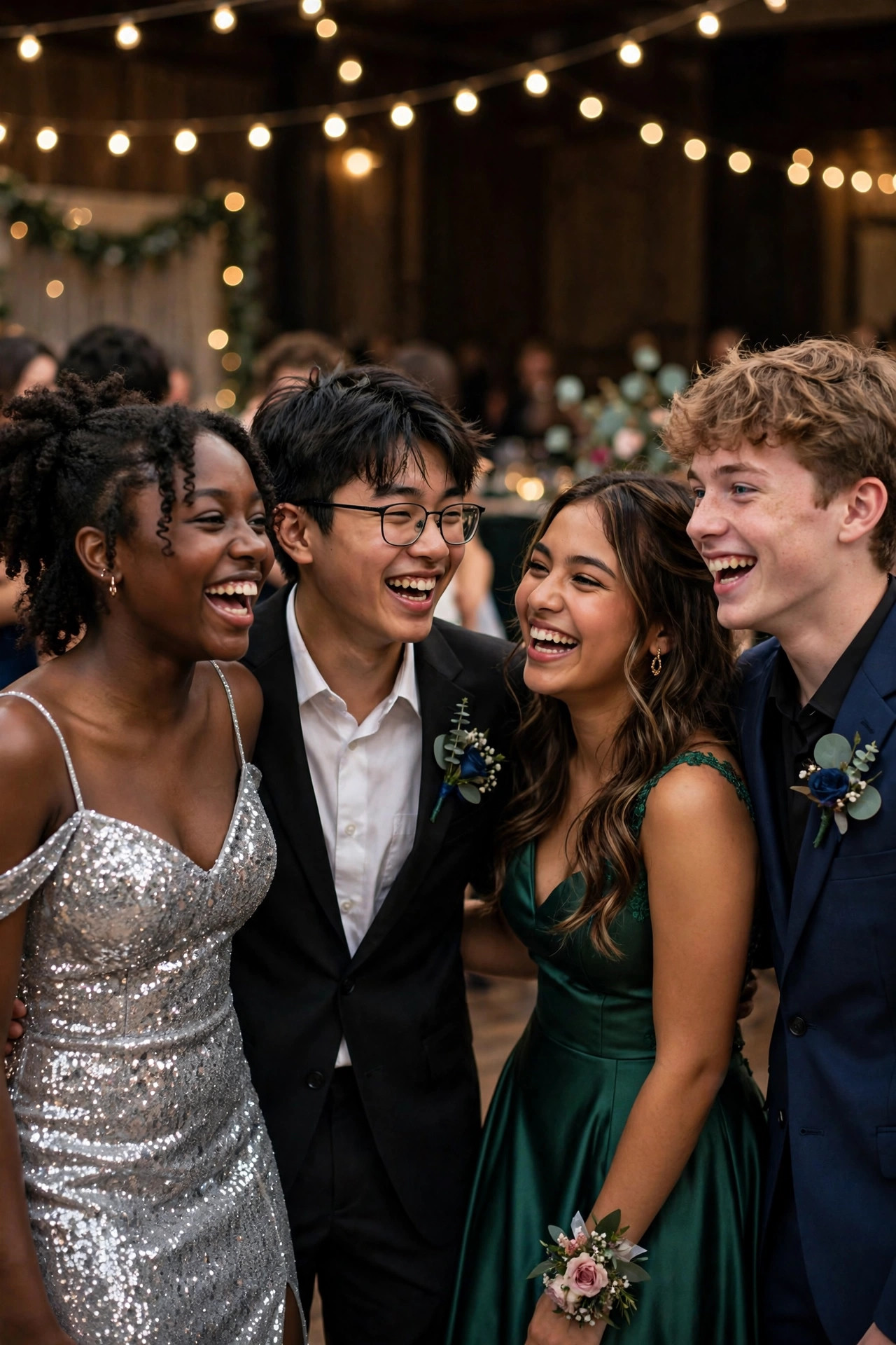 Group of diverse teenage friends at prom laughing together under string lights, one in a silver sequin dress
