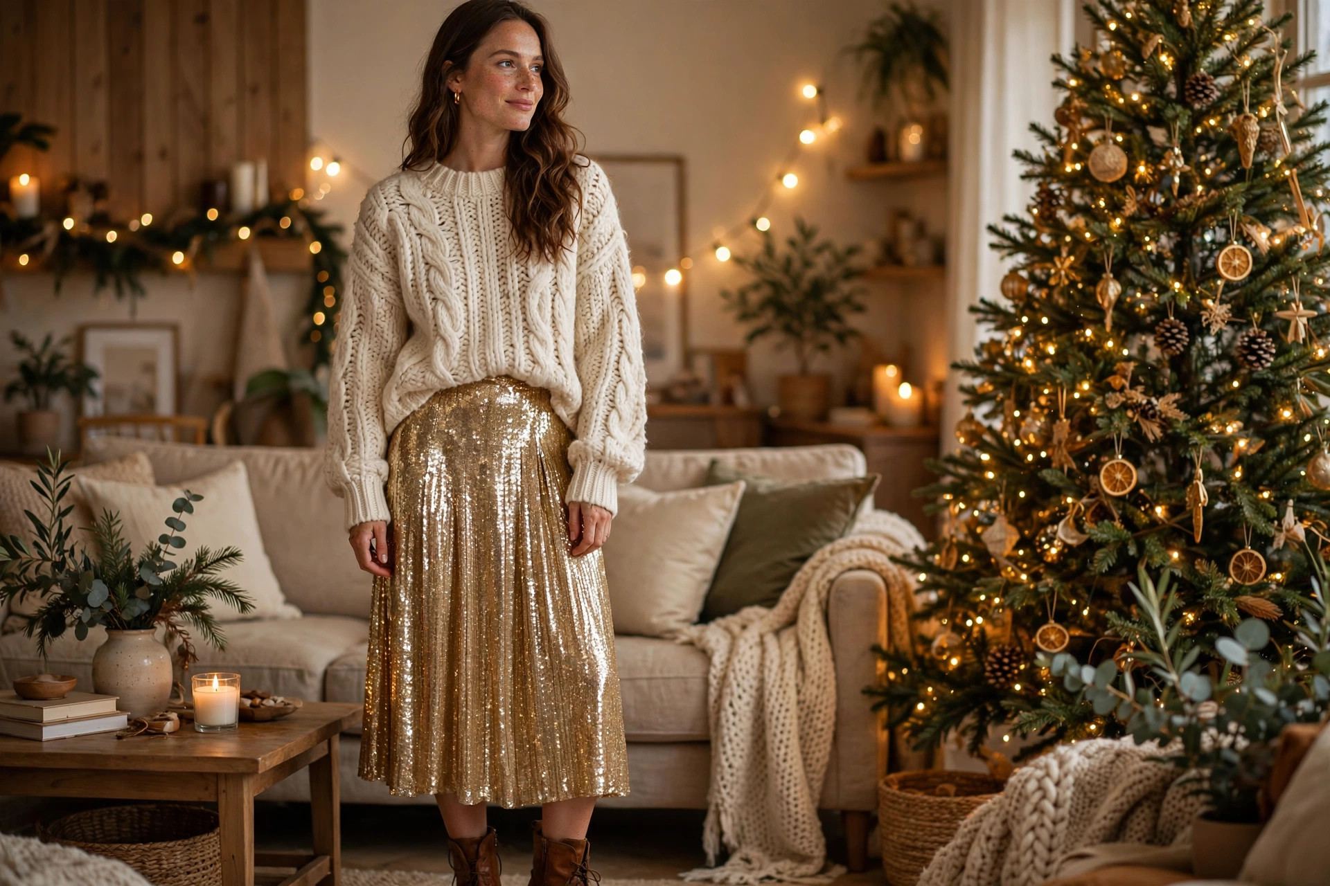 Woman wearing a chunky cream knit sweater with a gold sequin midi skirt in a cozy holiday living room