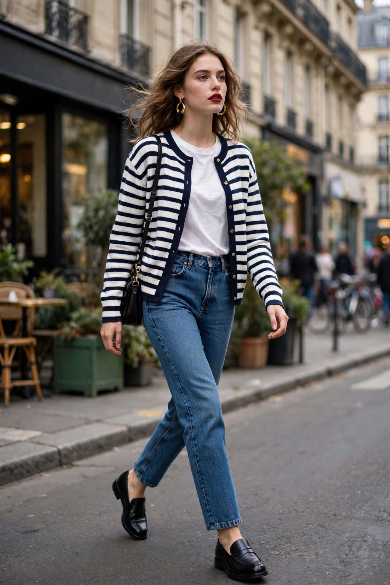 Breton striped cardigan outfit with straight jeans, loafers and a red lip, Parisian street style