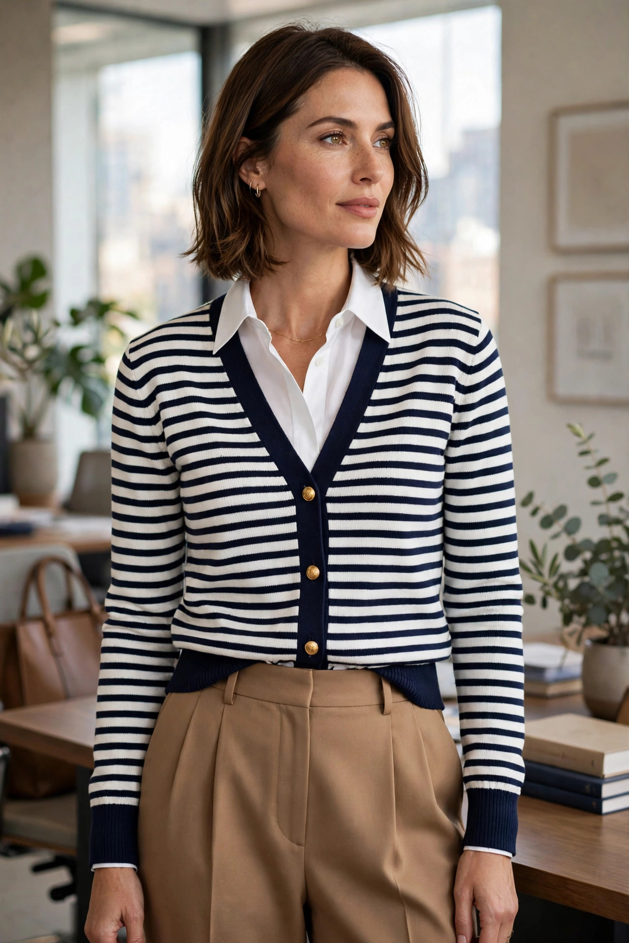 Preppy fitted striped cardigan tucked into pleated camel trousers, office-ready outfit
