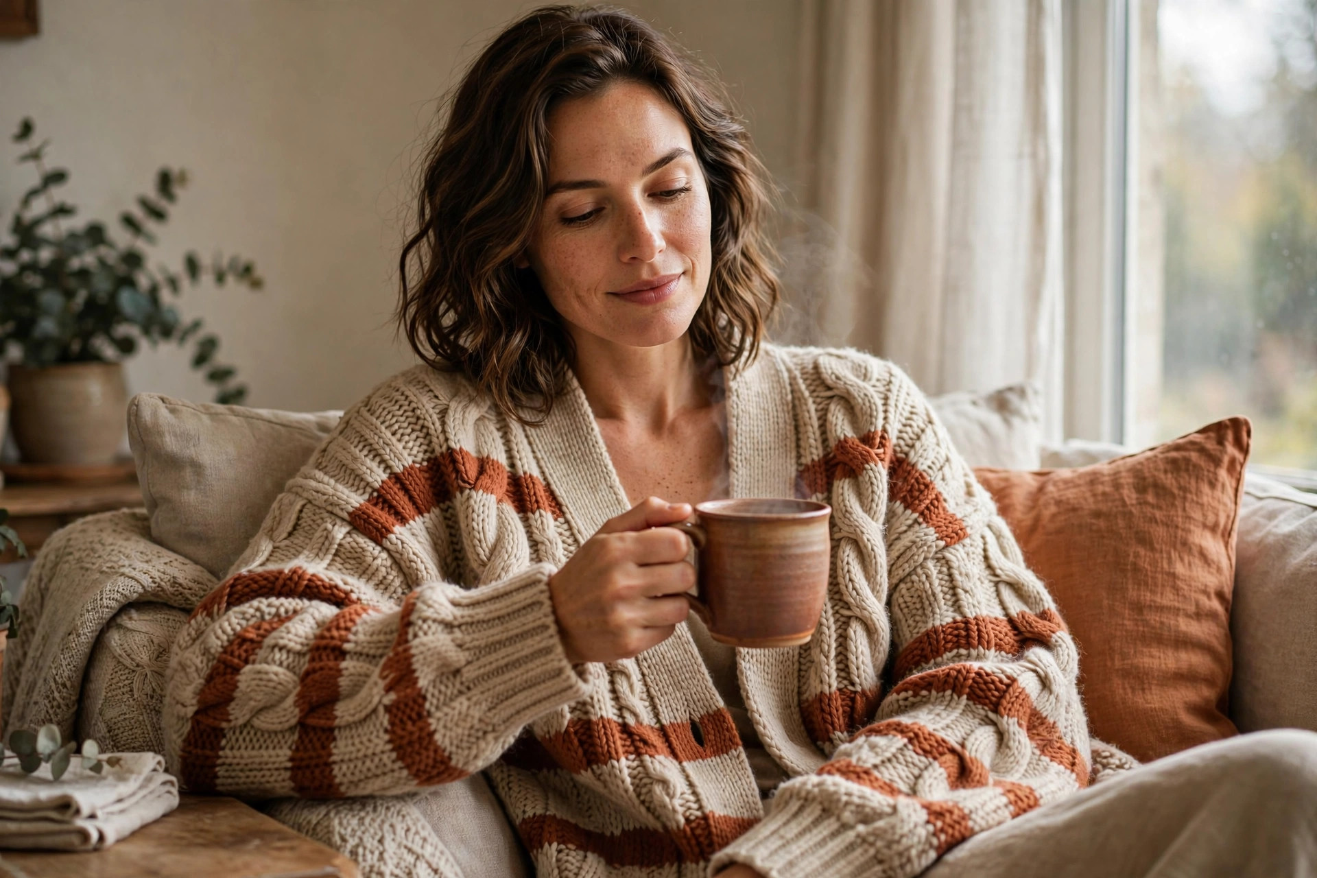 Chunky cable-knit striped cardigan in warm oatmeal and rust tones, cozy indoor weekend look