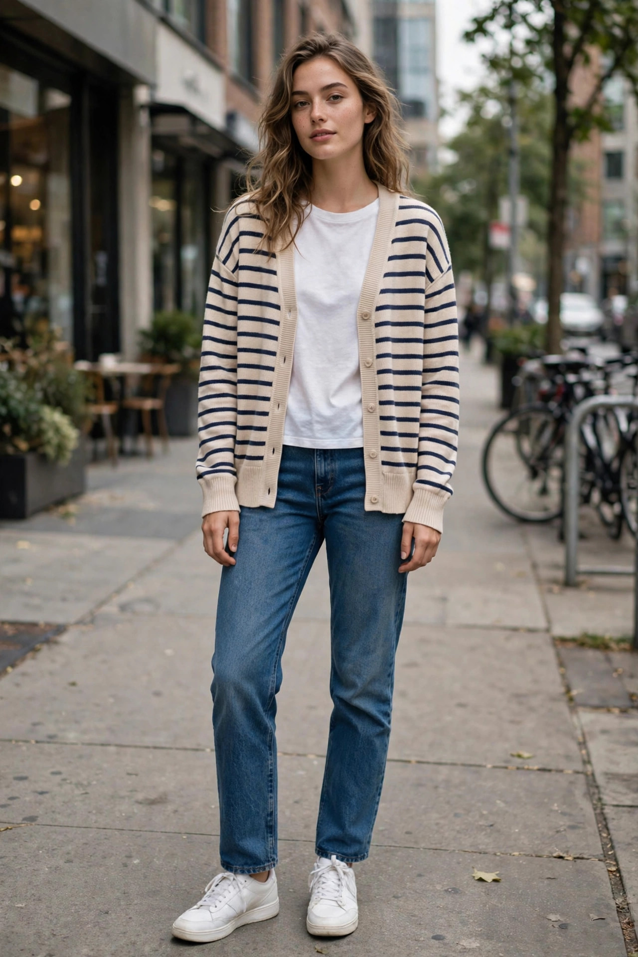 Striped cardigan over a white t-shirt with jeans and white sneakers, casual everyday outfit