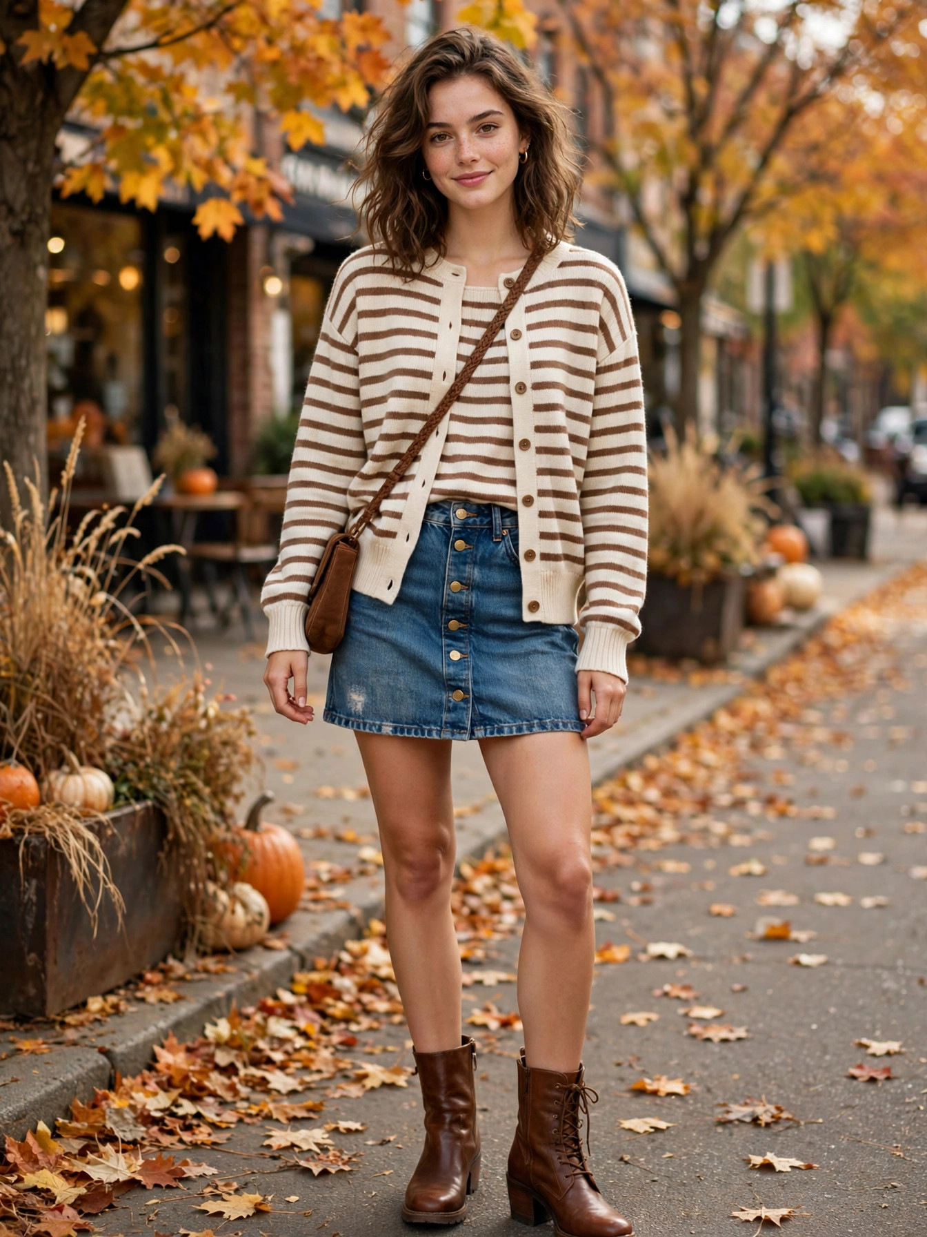 Striped cardigan with a button-front denim mini skirt and boots, casual fall look