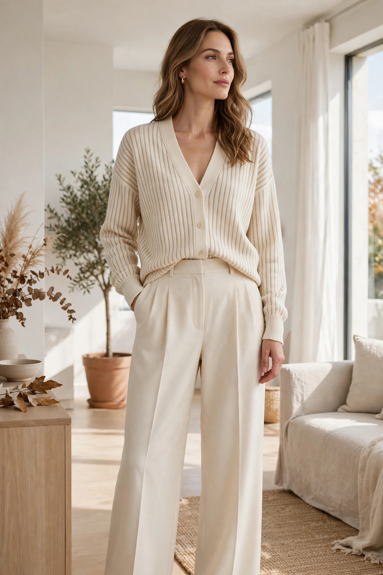 Striped cardigan with cream wide-leg trousers, French tuck, elegant fall outfit