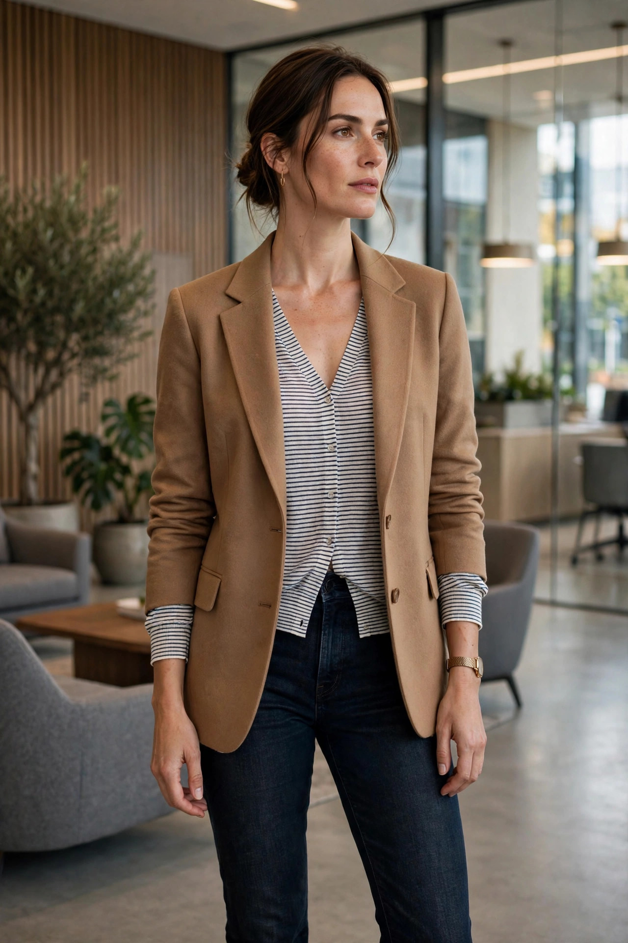 Thin striped cardigan layered under a camel blazer with dark jeans, smart casual outfit